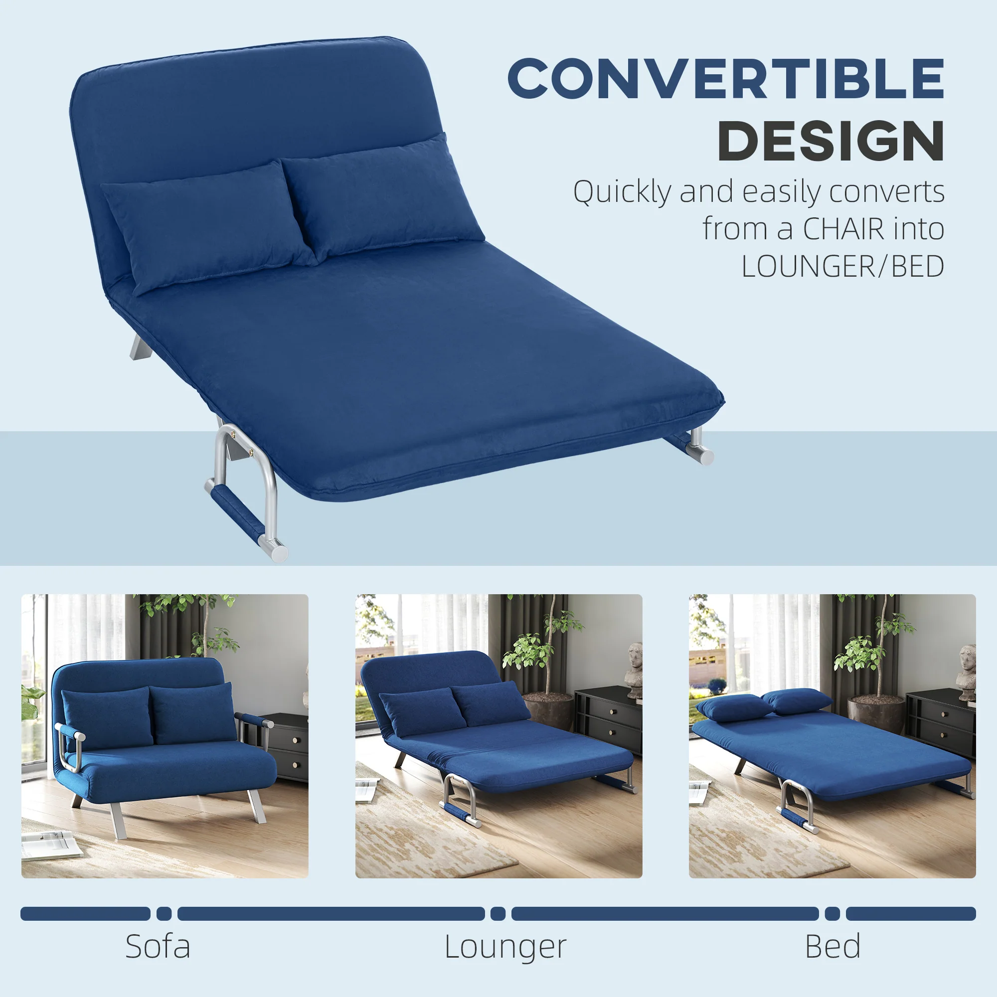 HOMCOM Fabric Sofa, Convertible 2 Seater Sofa Bed w/ Pillows, Dark Blue - Image 3