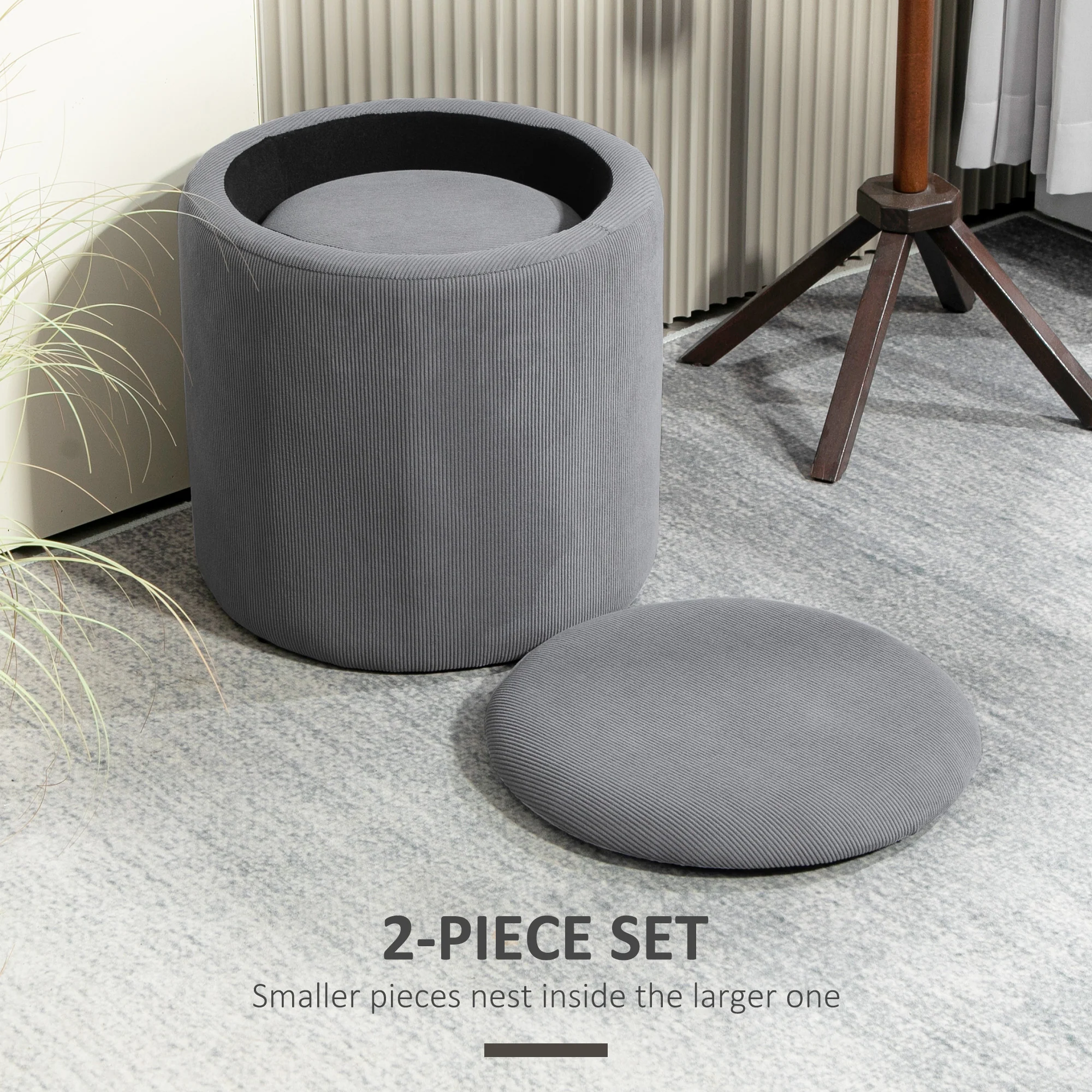 HOMCOM Fabric Storage Ottoman With Removable Lid, Set Of 2, Light Grey - Image 3