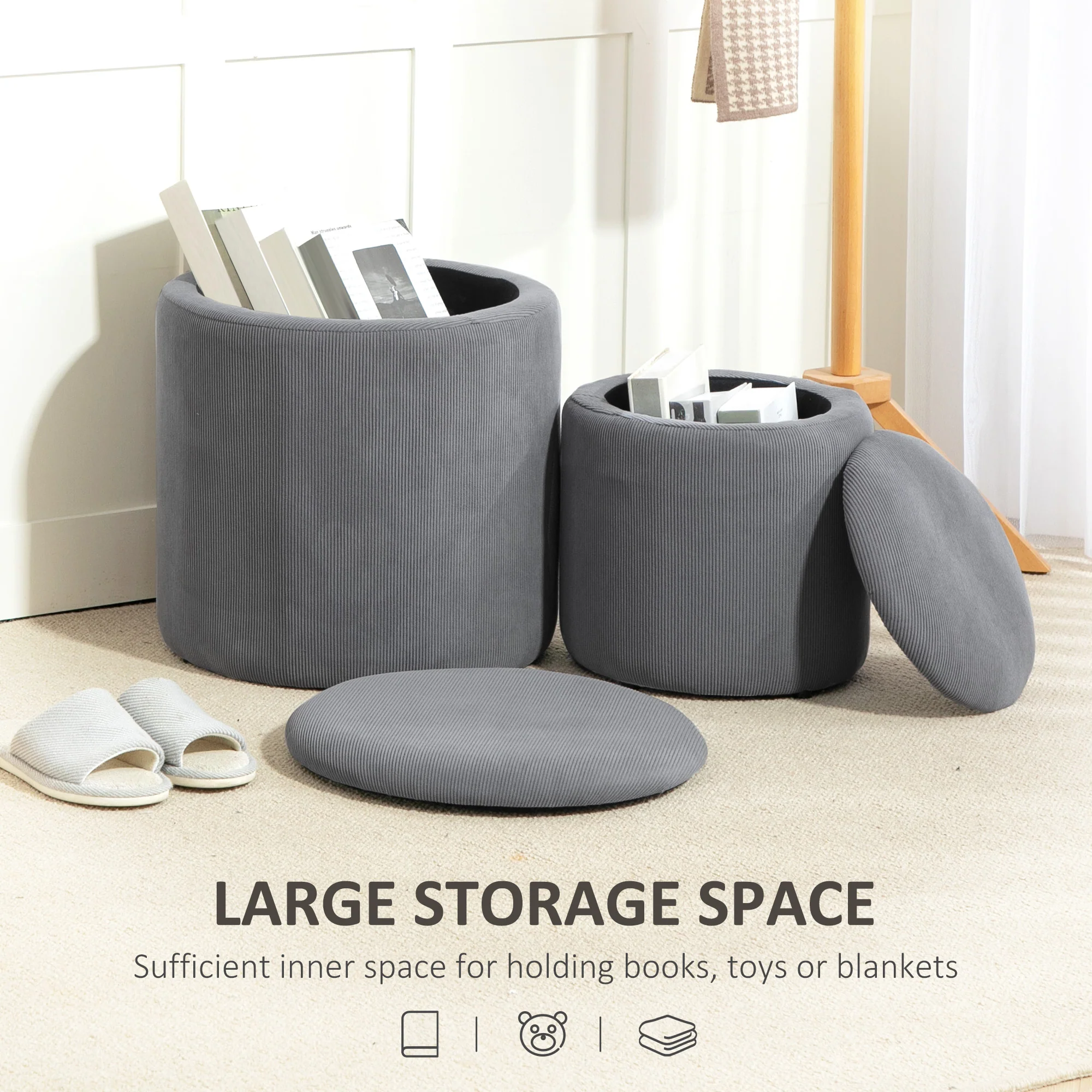 HOMCOM Fabric Storage Ottoman With Removable Lid, Set Of 2, Light Grey - Image 4