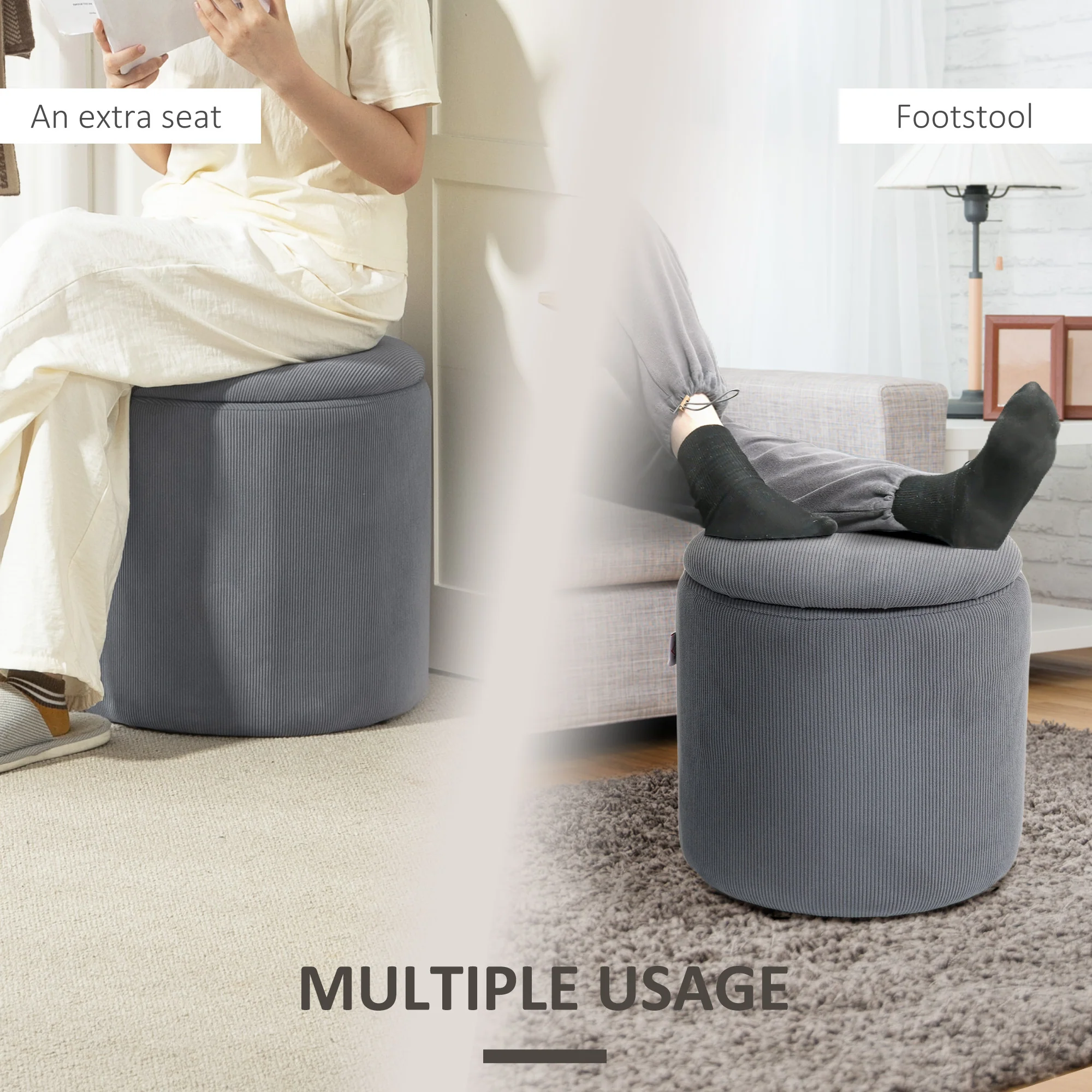 HOMCOM Fabric Storage Ottoman With Removable Lid, Set Of 2, Light Grey - Image 7