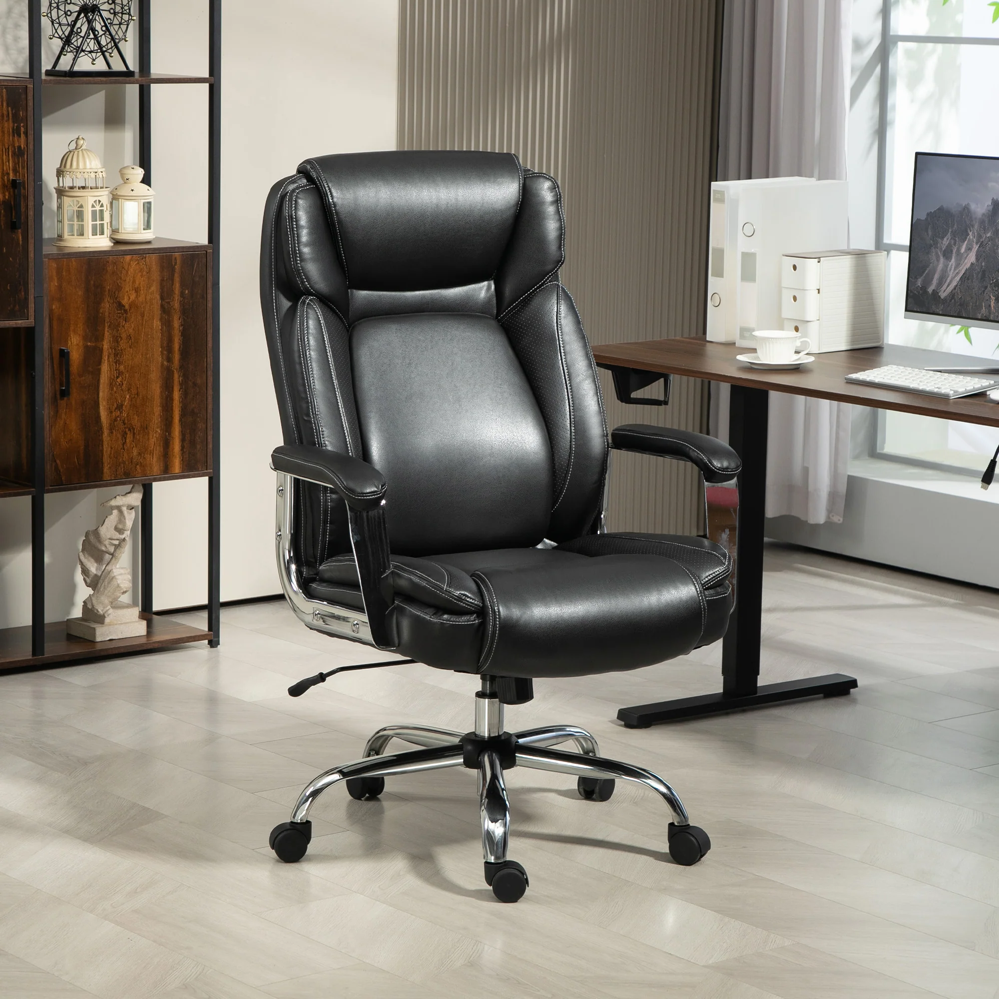 HOMCOM Faux Leather Desk Chair With Adjustable Height, 227kg 500LBS, Black - Image 2