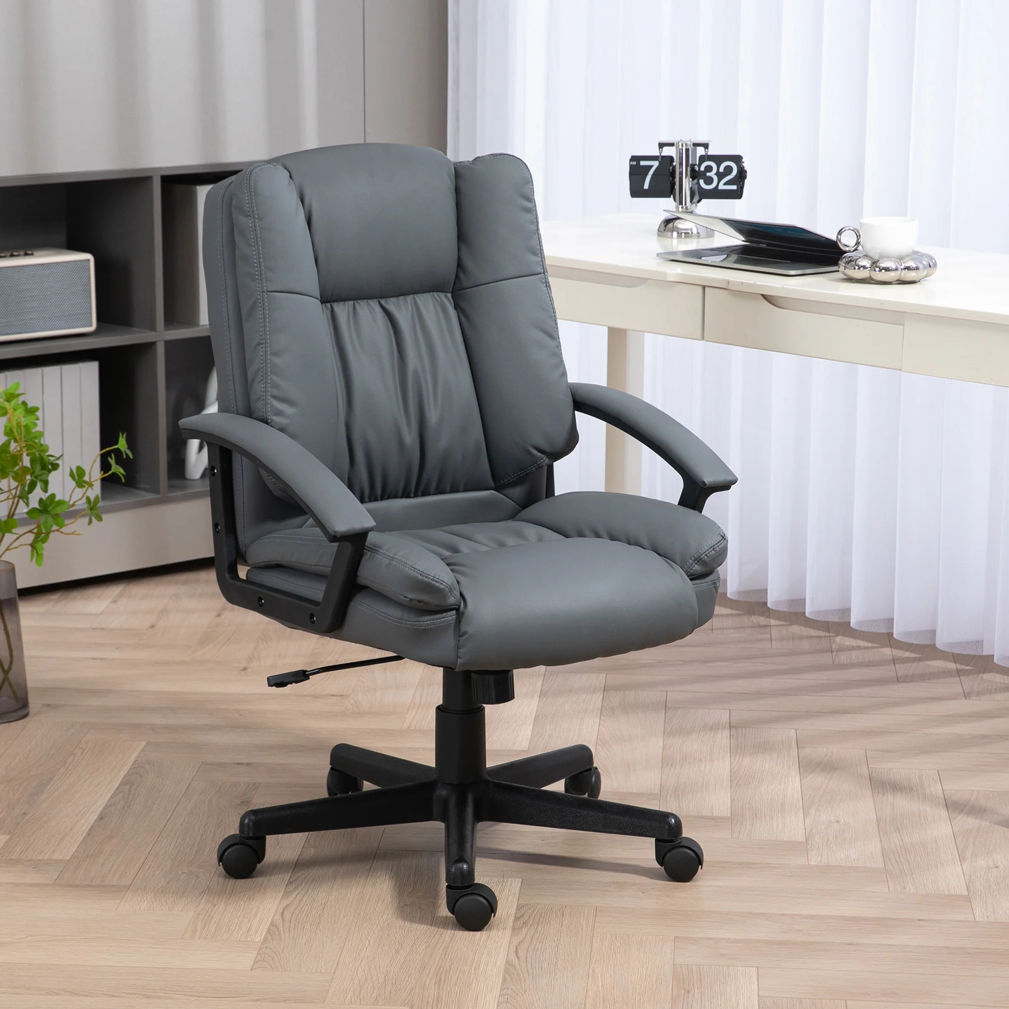 HOMCOM Faux Leather Home Office Chair Mid Back Desk Chair With Arms - Dark Grey/Light Grey - Image 11