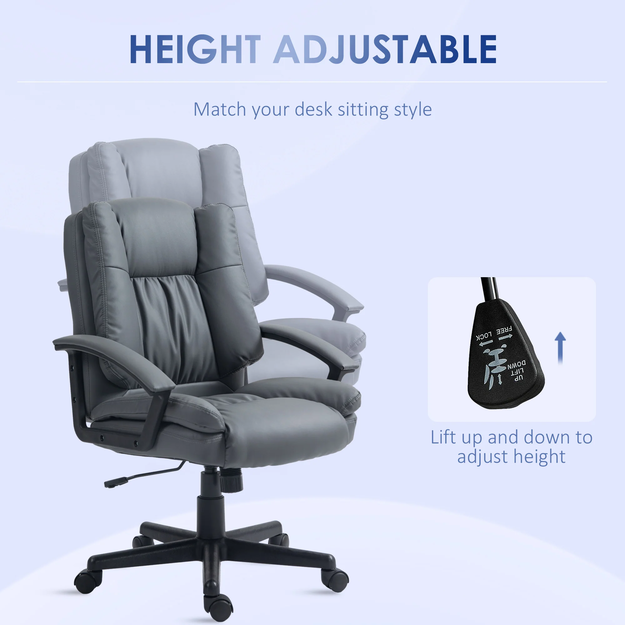 HOMCOM Faux Leather Home Office Chair Mid Back Desk Chair With Arms - Dark Grey/Light Grey - Image 12