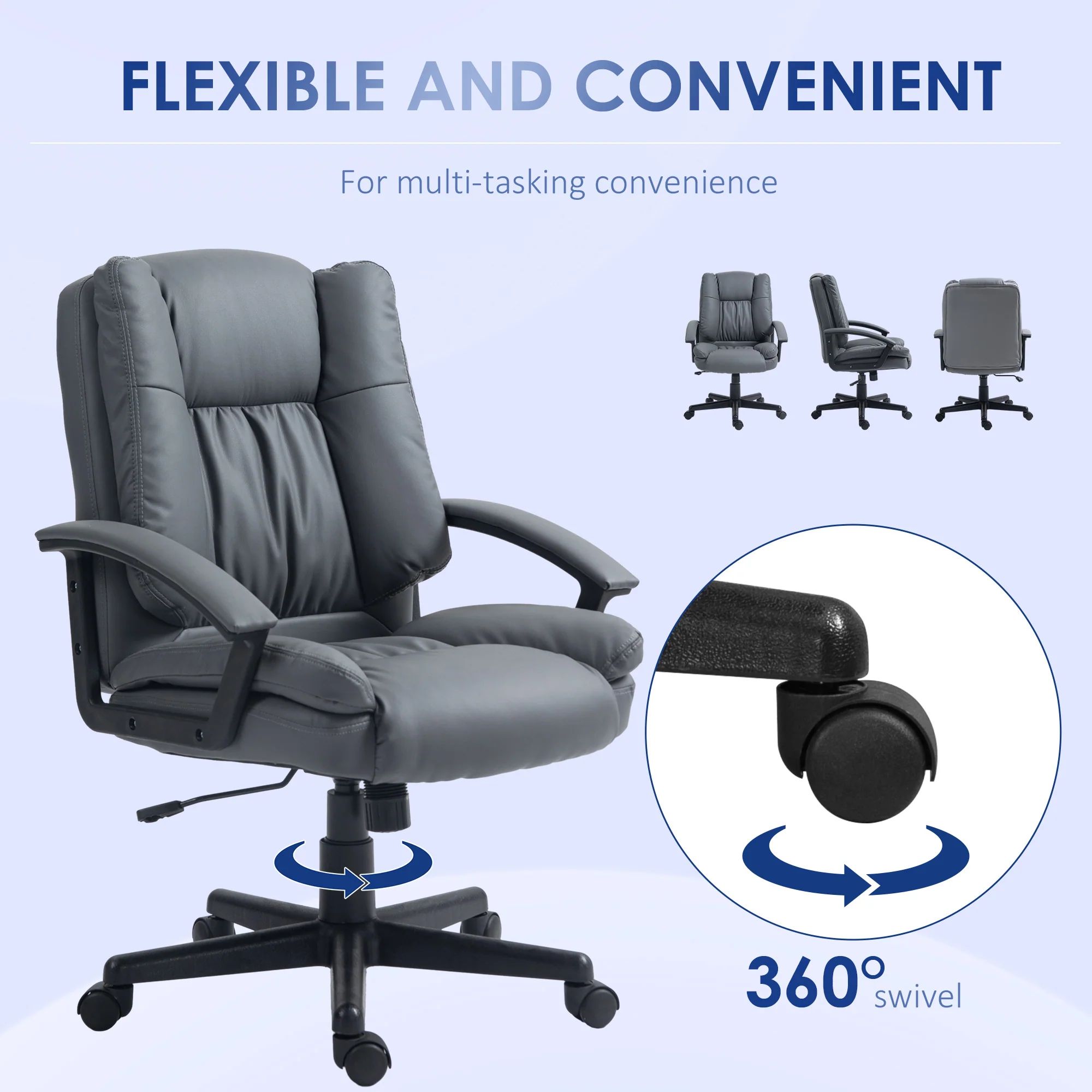 HOMCOM Faux Leather Home Office Chair Mid Back Desk Chair With Arms - Dark Grey/Light Grey - Image 15