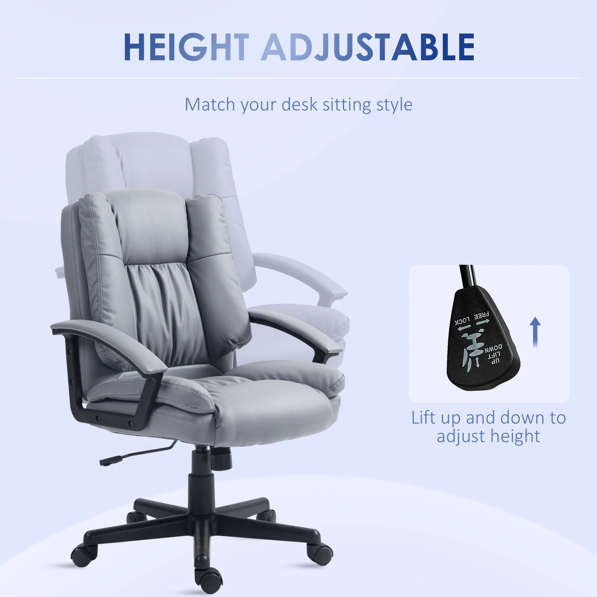 HOMCOM Faux Leather Home Office Chair Mid Back Desk Chair With Arms - Dark Grey/Light Grey - Image 3