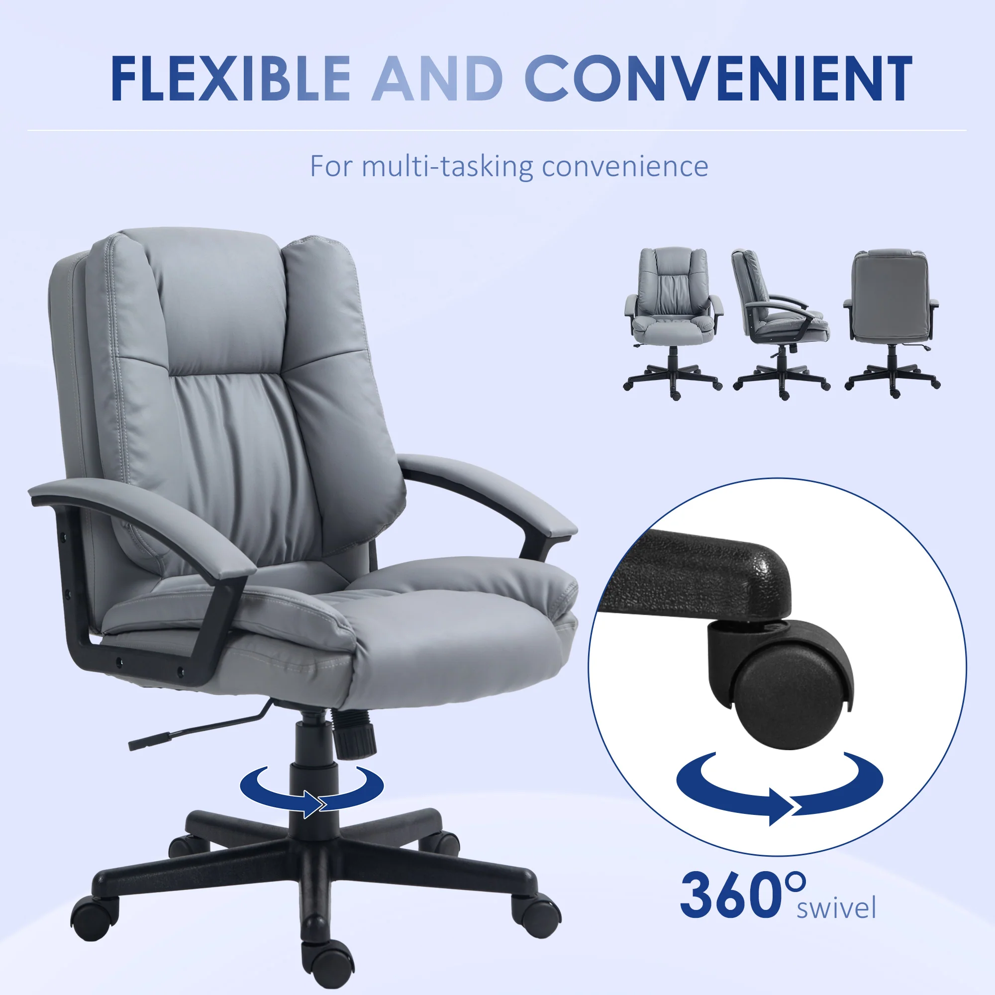 HOMCOM Faux Leather Home Office Chair Mid Back Desk Chair With Arms - Dark Grey/Light Grey - Image 6