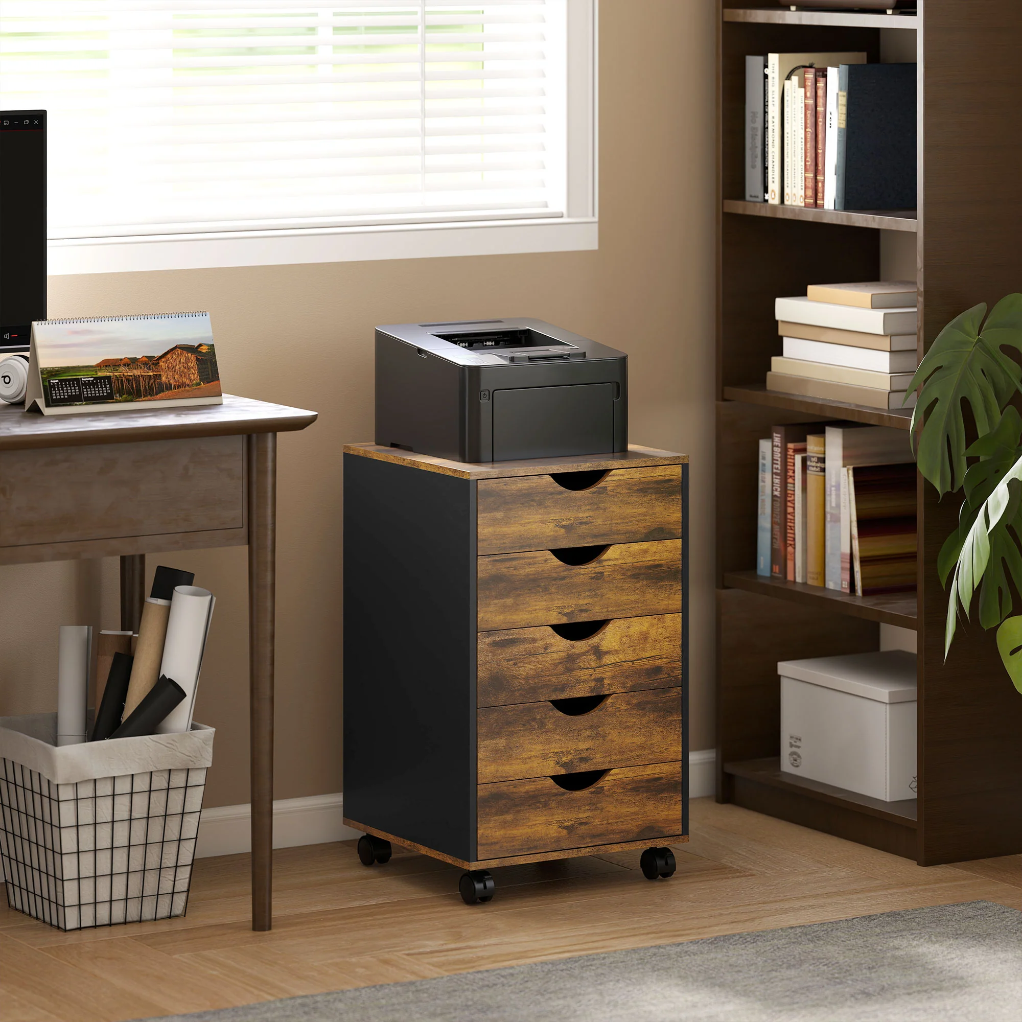 HOMCOM Filing Cabinet with 5 Drawers, Under Desk Drawer, Rustic Brown - Image 2