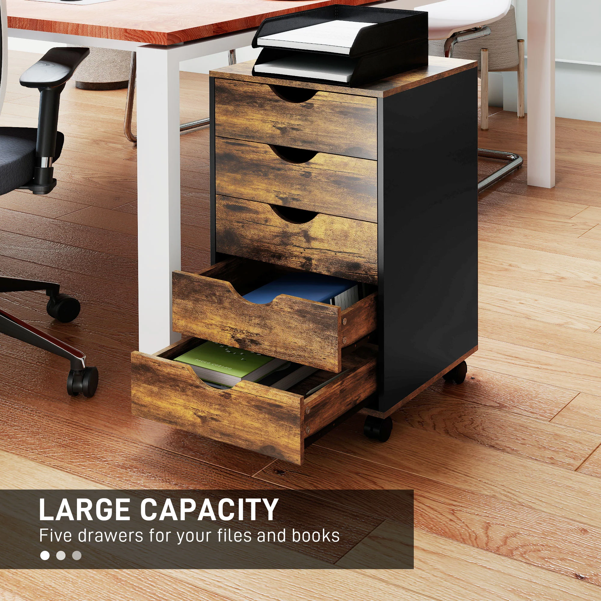 HOMCOM Filing Cabinet with 5 Drawers, Under Desk Drawer, Rustic Brown - Image 3