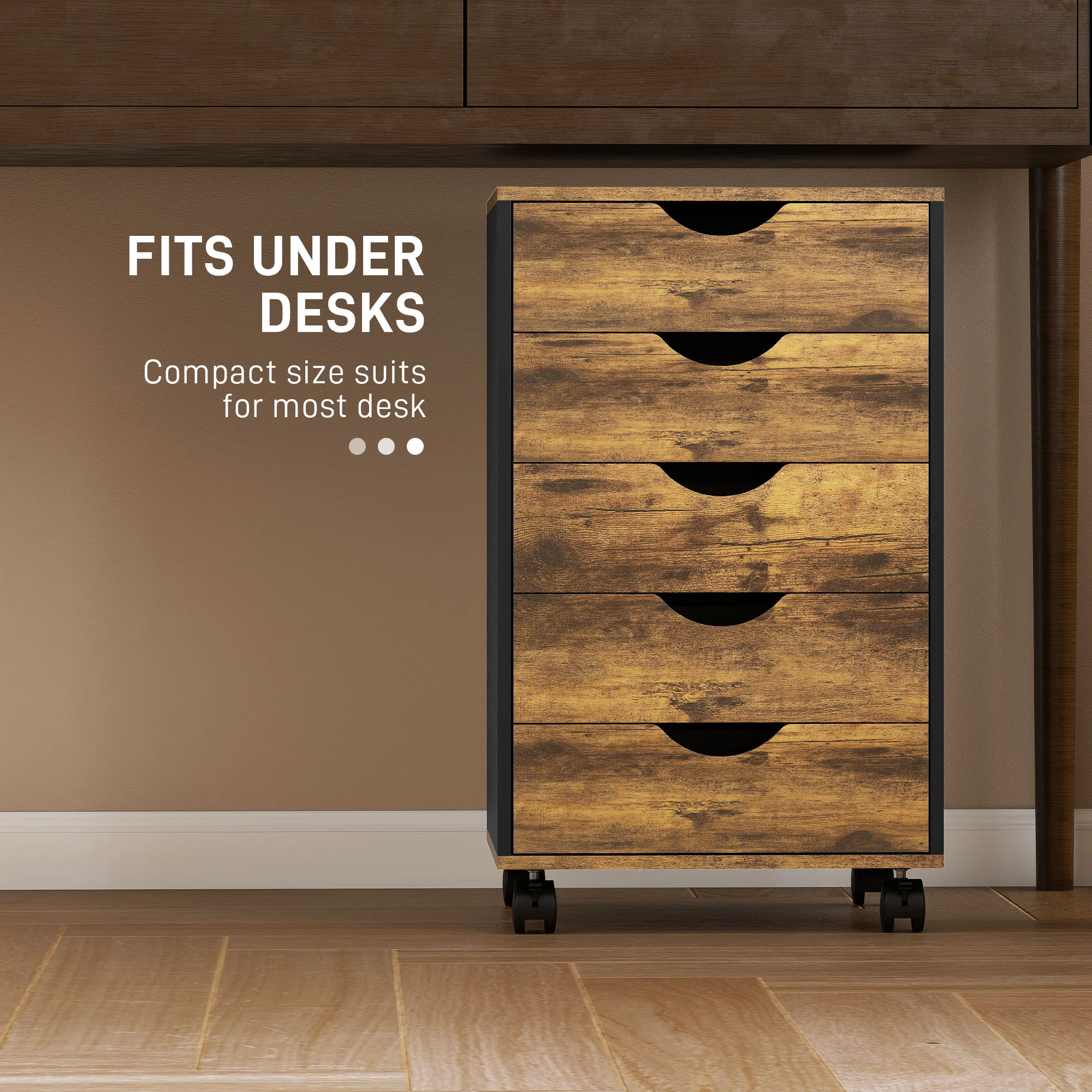 HOMCOM Filing Cabinet with 5 Drawers, Under Desk Drawer, Rustic Brown - Image 6