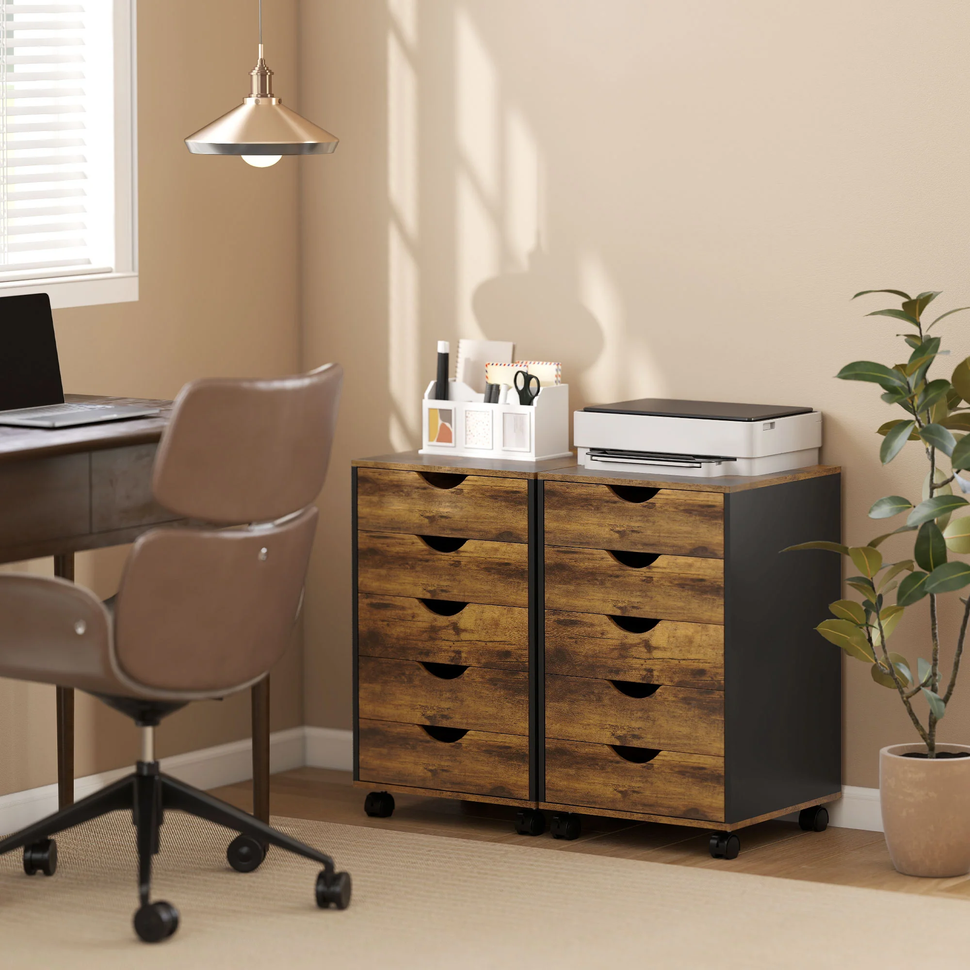 HOMCOM Filing Cabinet with 5 Drawers, Under Desk Drawer, Rustic Brown - Image 7