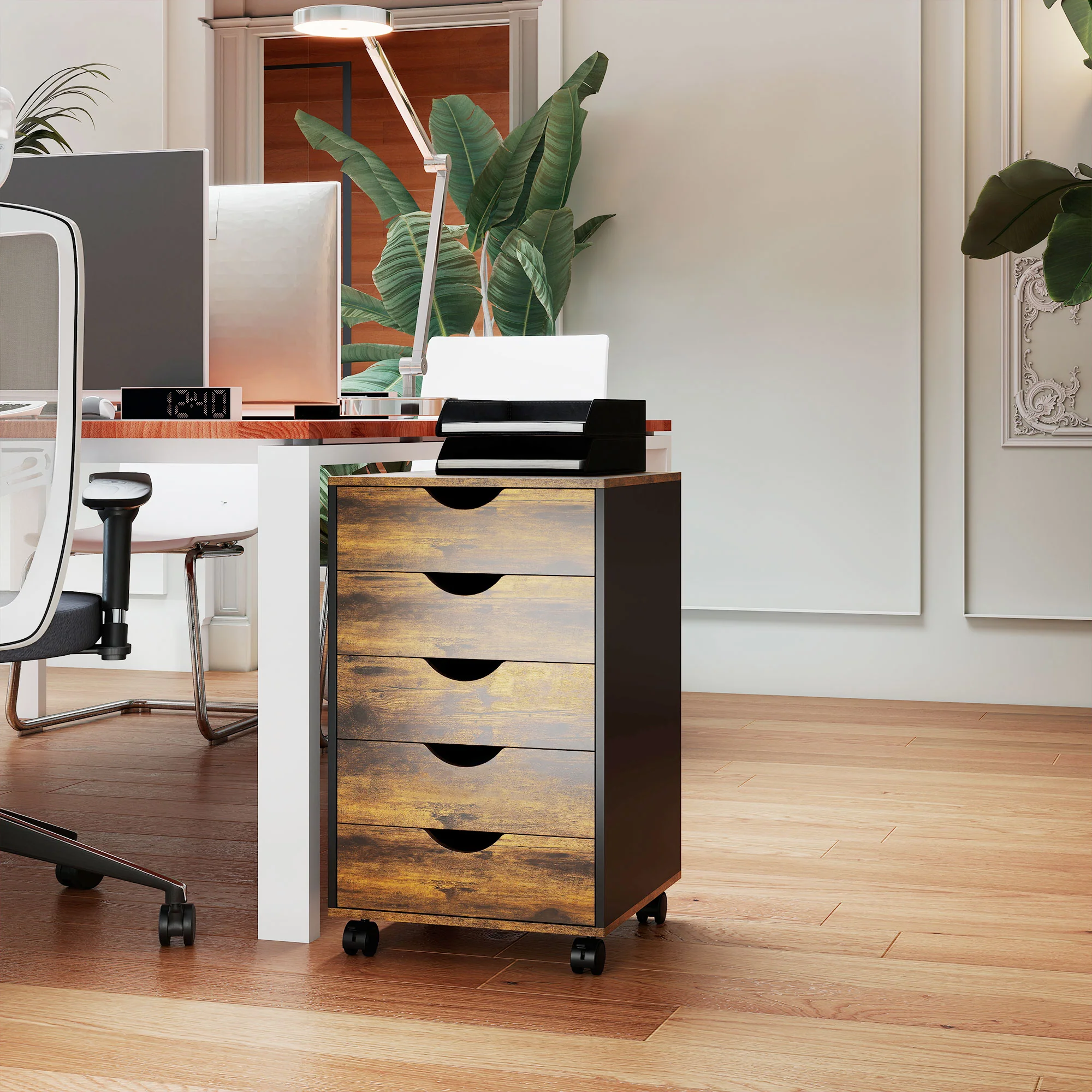 HOMCOM Filing Cabinet with 5 Drawers, Under Desk Drawer, Rustic Brown - Image 8