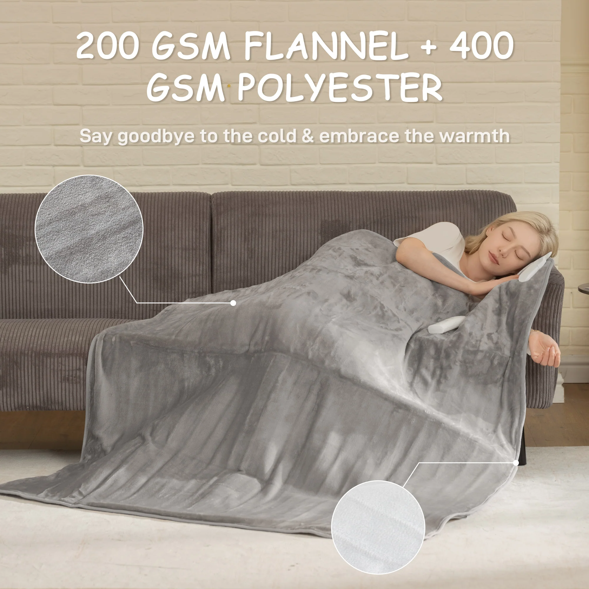 HOMCOM Flannel Fabric Heated Throw, Machine Washable Electric Blanket, Grey - Image 3