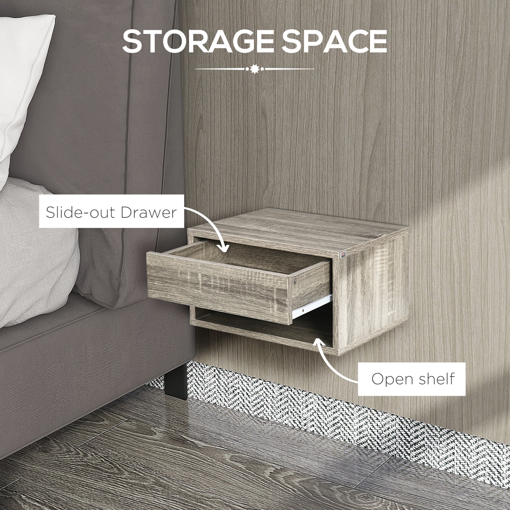 HOMCOM Floating Bedside Table Set Of 2 Wall Mounted Nightstand Brown - Image 6