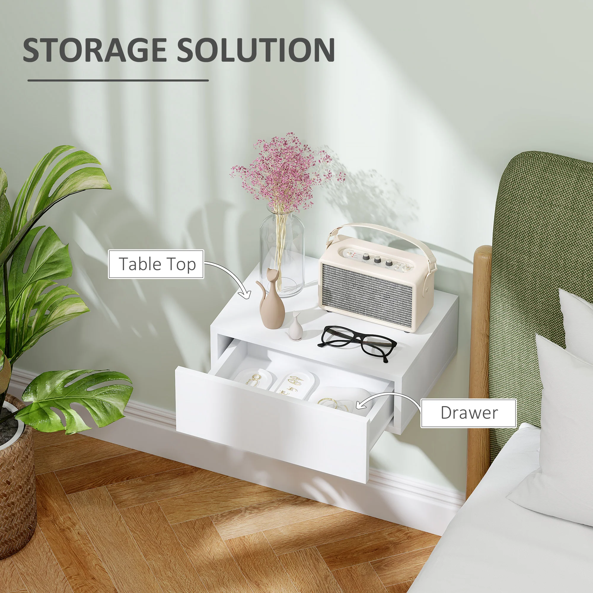 HOMCOM Floating Bedside Table, Wall-Mounted Side Table for Bedroom, White - Image 5
