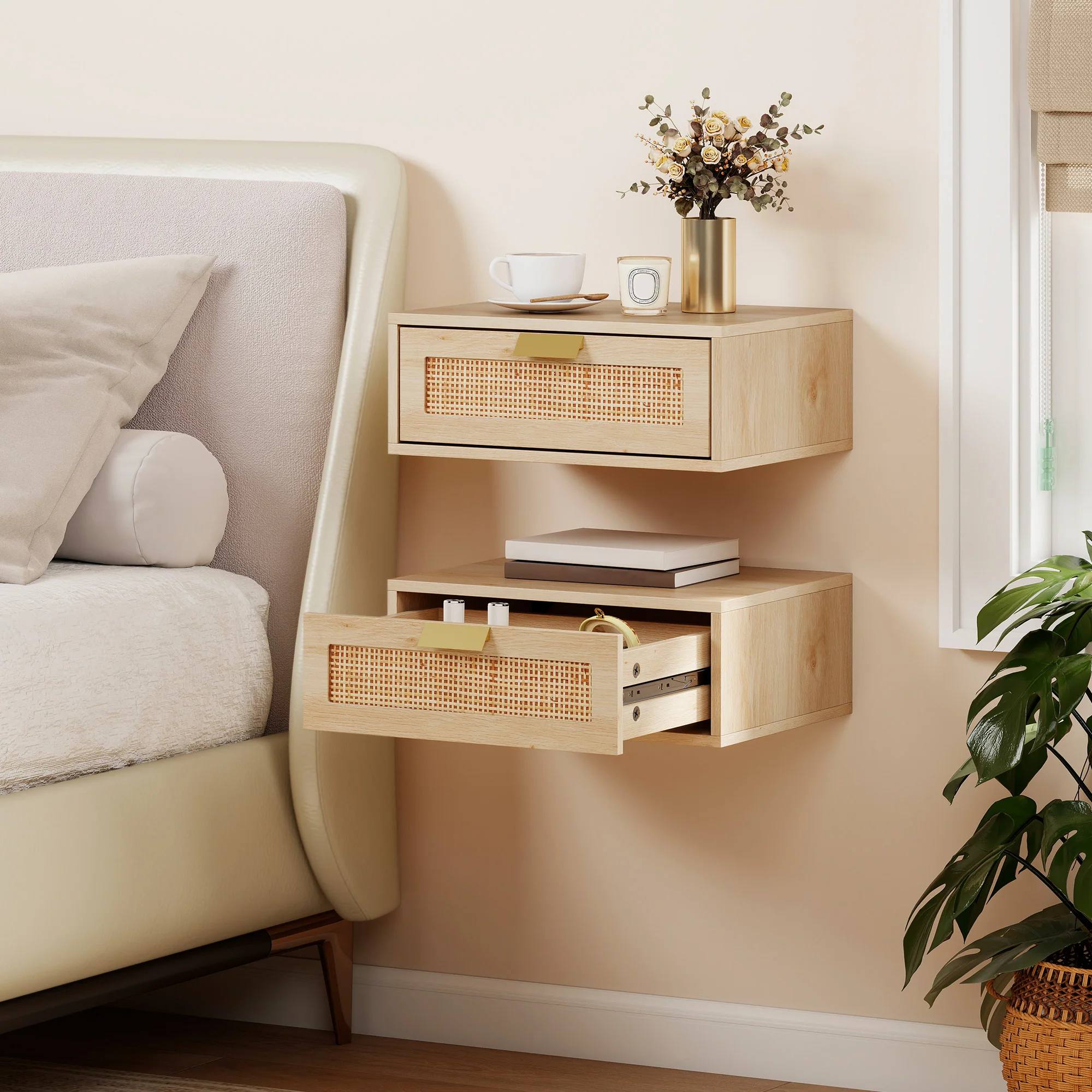 HOMCOM Floating Bedside Tables Set of 2, Boho Nightstands with Rattan Drawer - Image 2