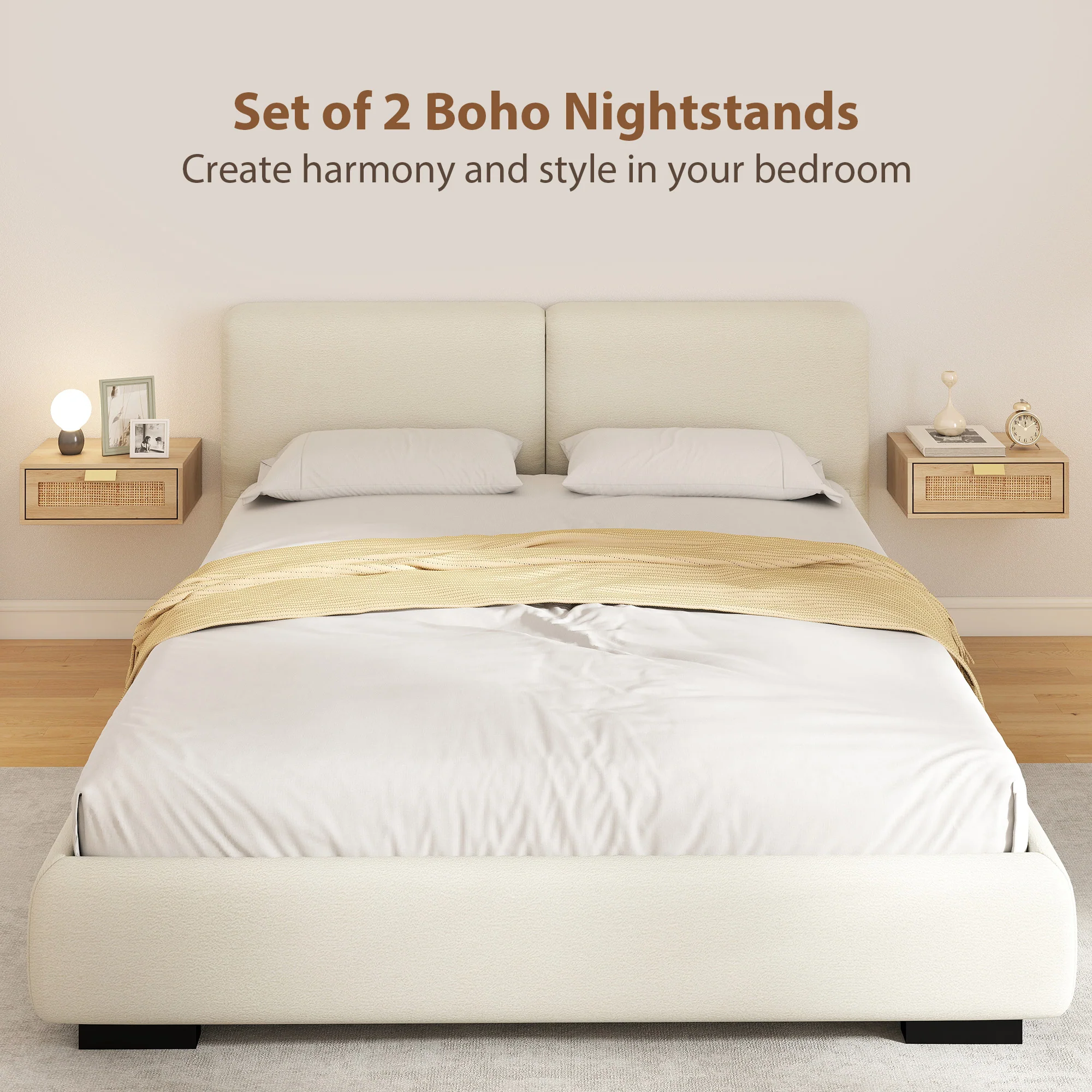 HOMCOM Floating Bedside Tables Set of 2, Boho Nightstands with Rattan Drawer - Image 4