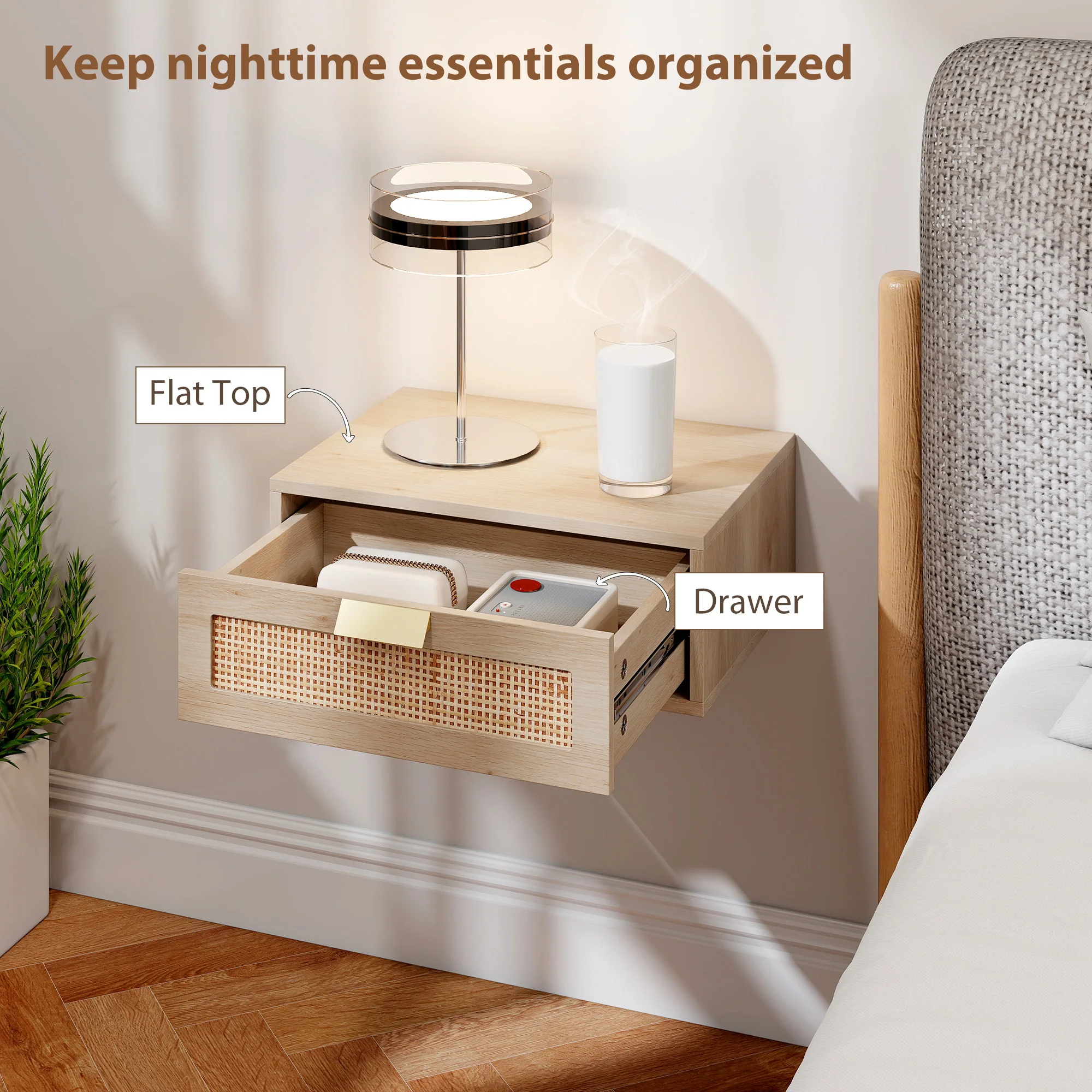 HOMCOM Floating Bedside Tables Set of 2, Boho Nightstands with Rattan Drawer - Image 6