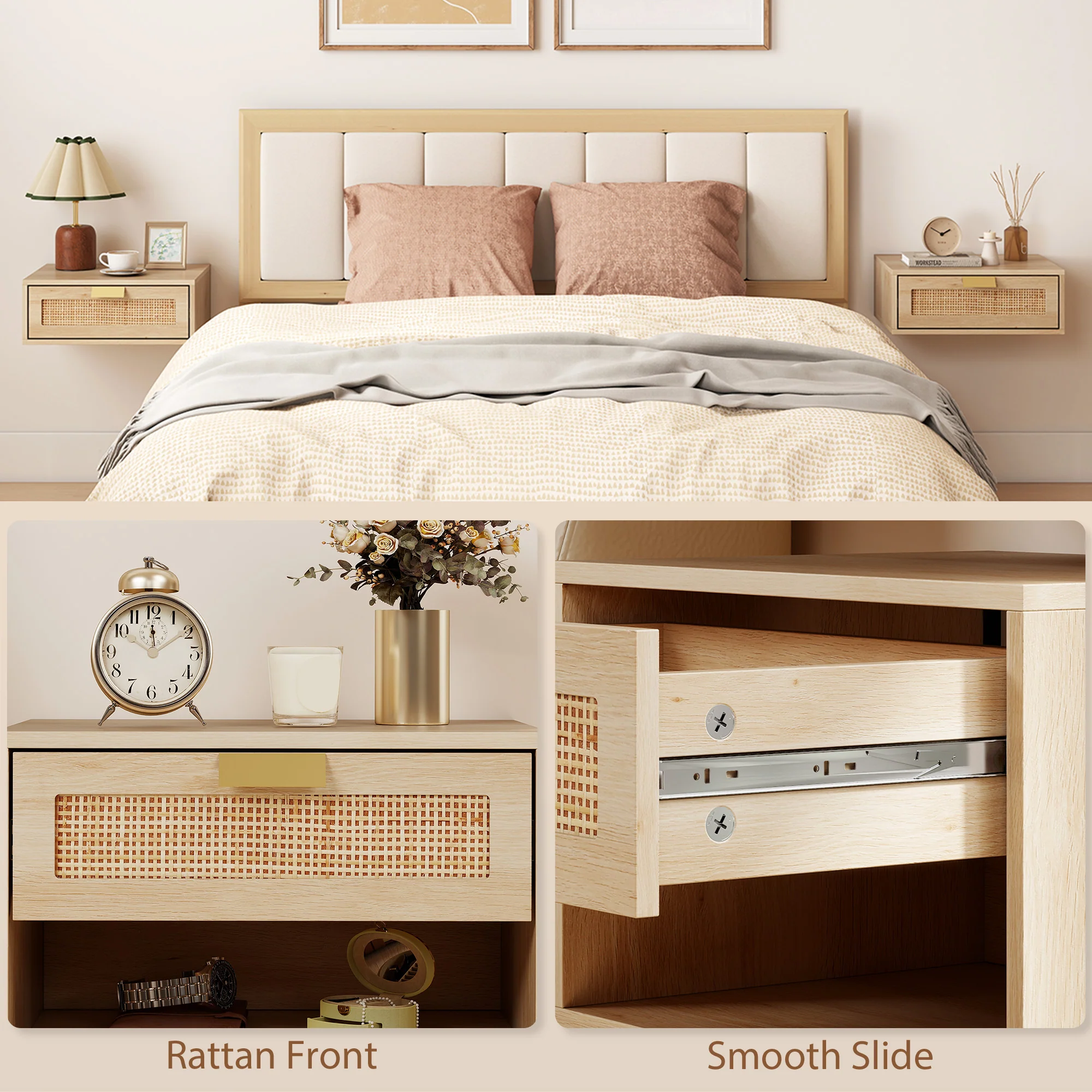 HOMCOM Floating Bedside Tables Set of 2, Boho Nightstands with Rattan Drawer - Image 7