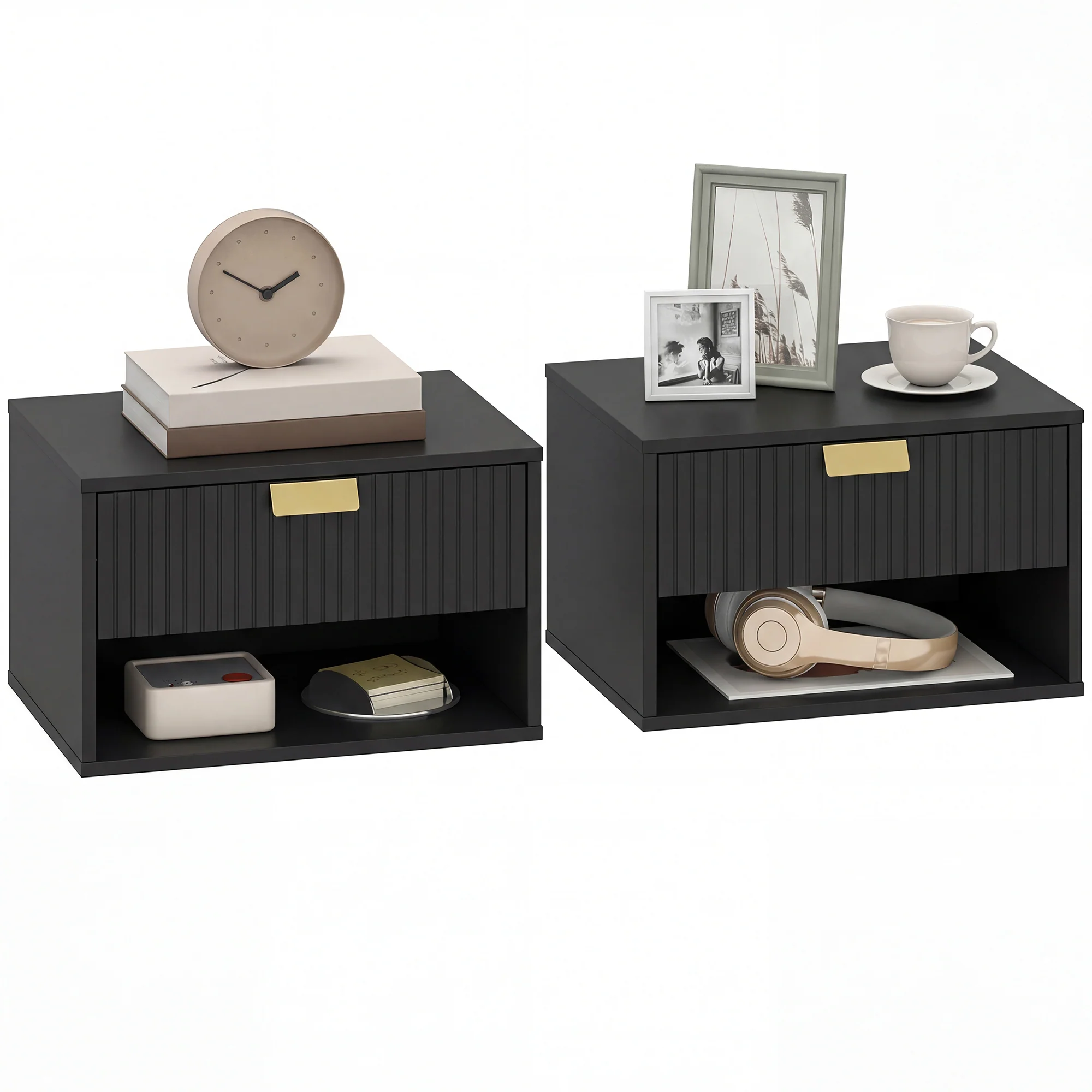 HOMCOM Floating Bedside Tables Set Of 2 With Fluted Drawer Open Shelf Black