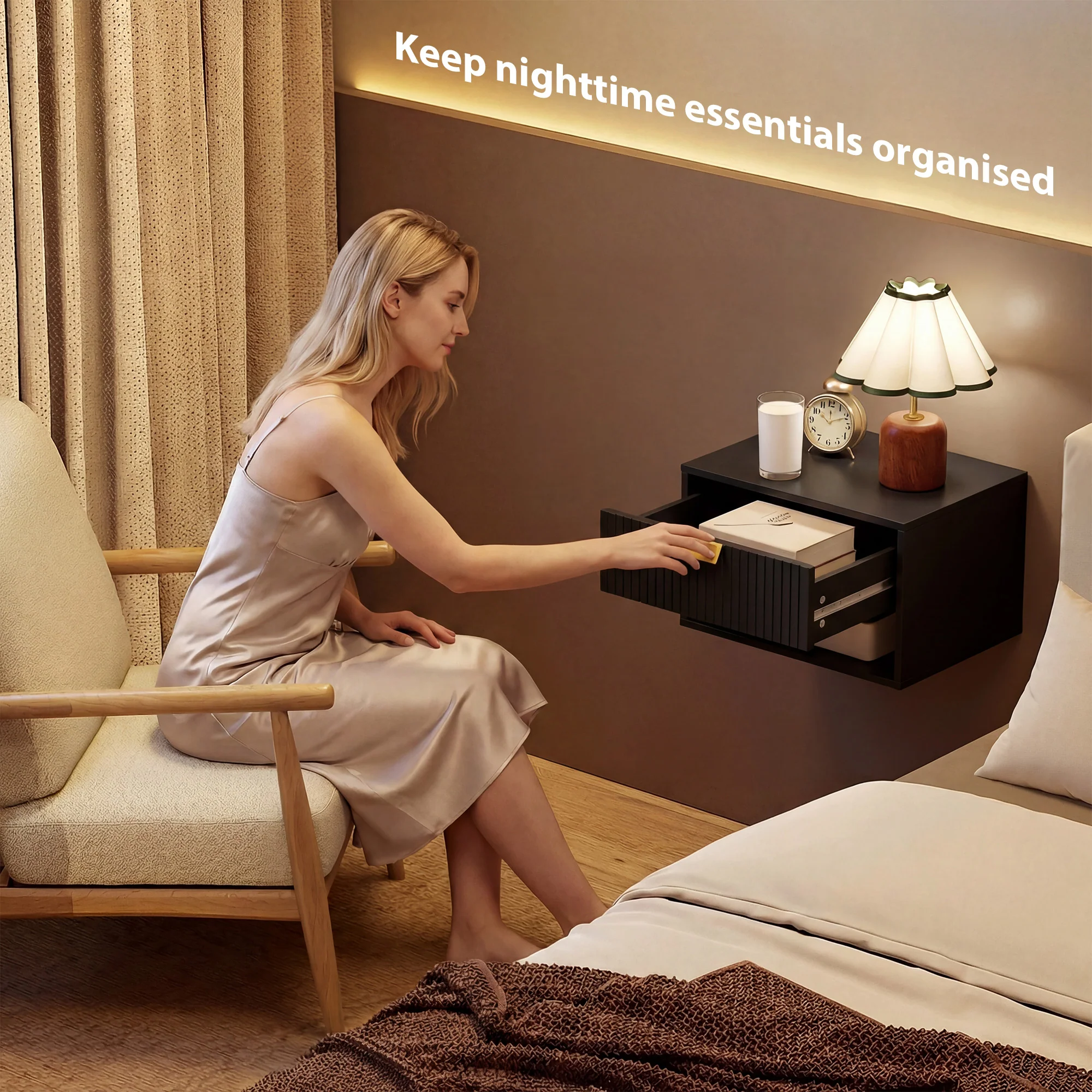 HOMCOM Floating Bedside Tables Set Of 2 With Fluted Drawer Open Shelf Black - Image 3