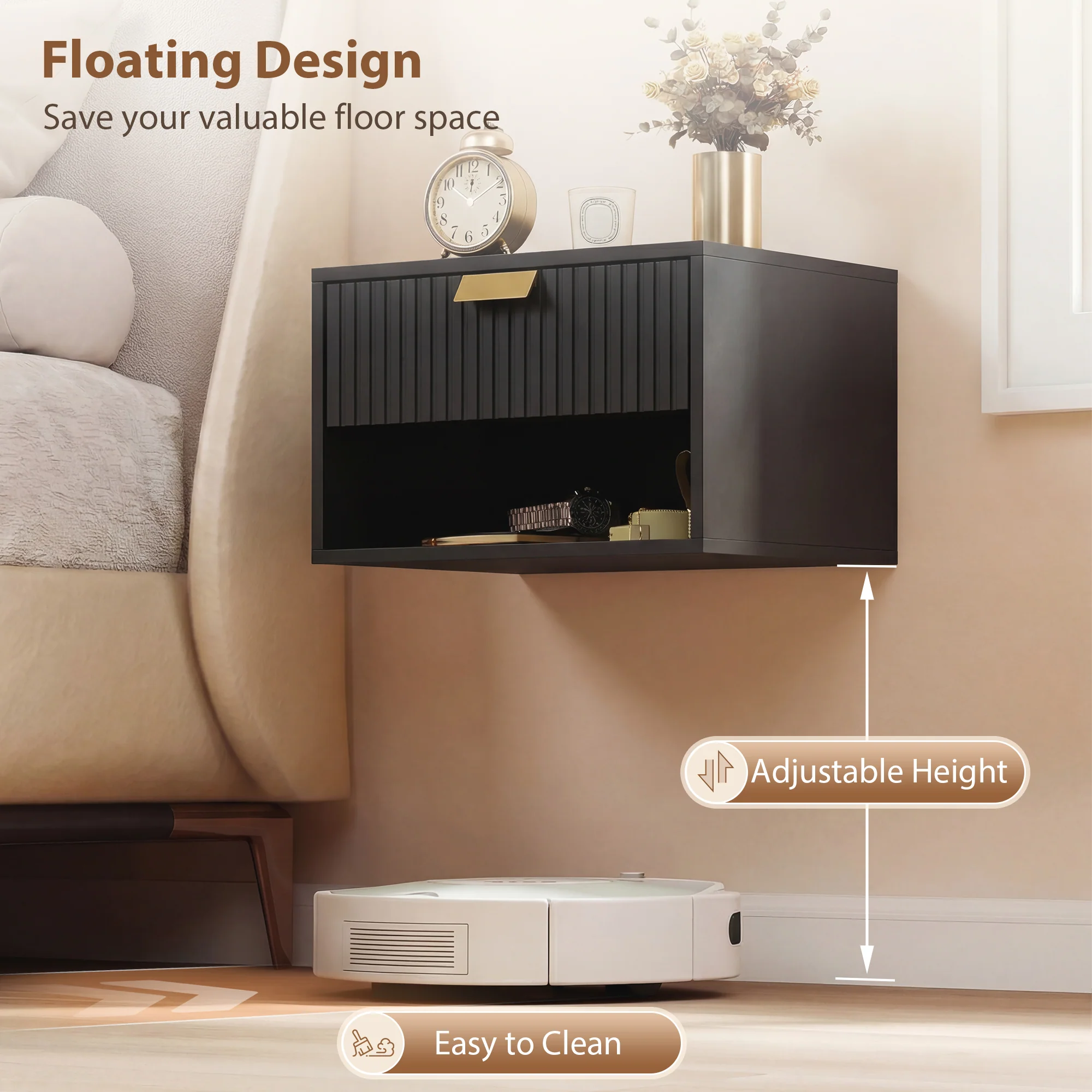 HOMCOM Floating Bedside Tables Set Of 2 With Fluted Drawer Open Shelf Black - Image 4