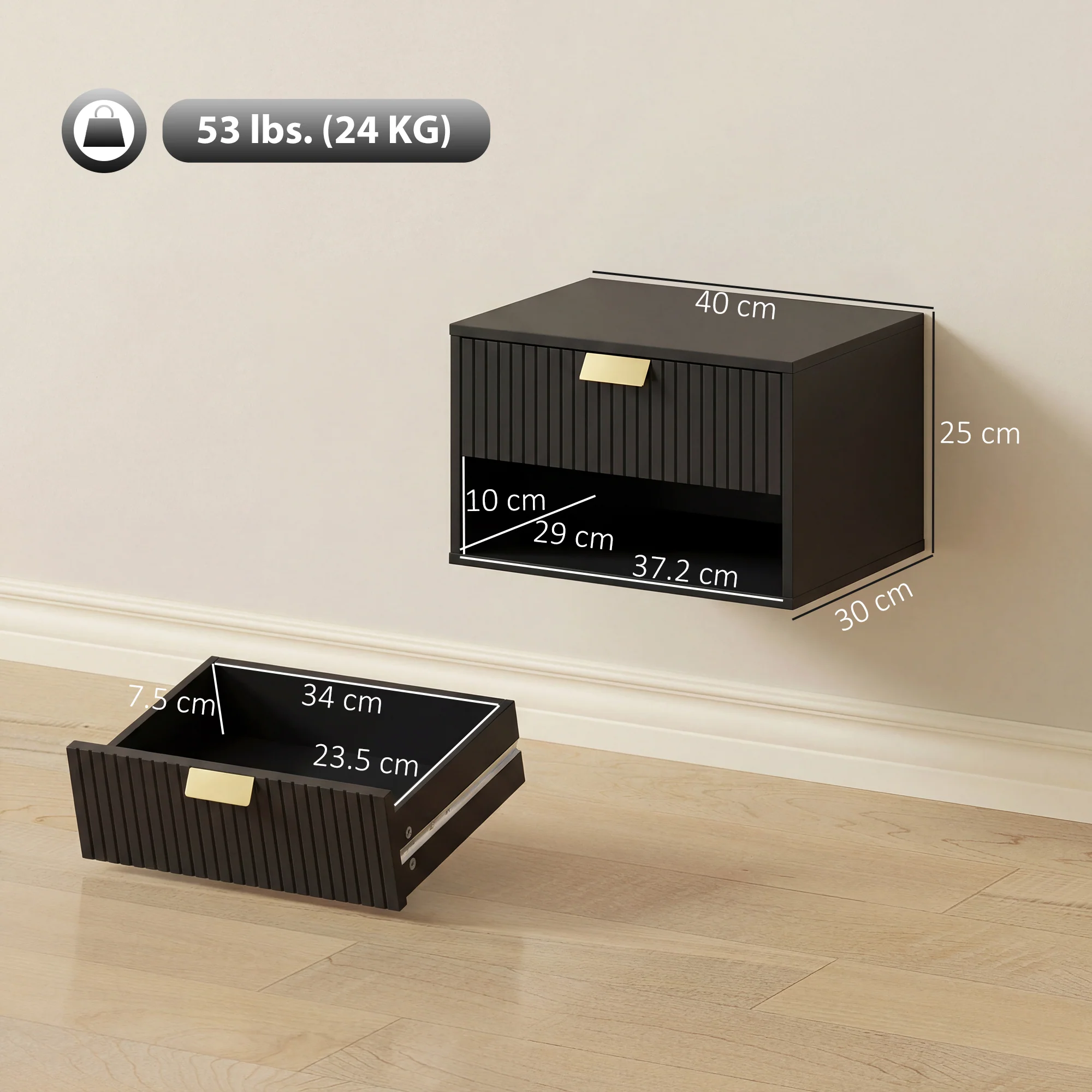 HOMCOM Floating Bedside Tables Set Of 2 With Fluted Drawer Open Shelf Black - Image 5