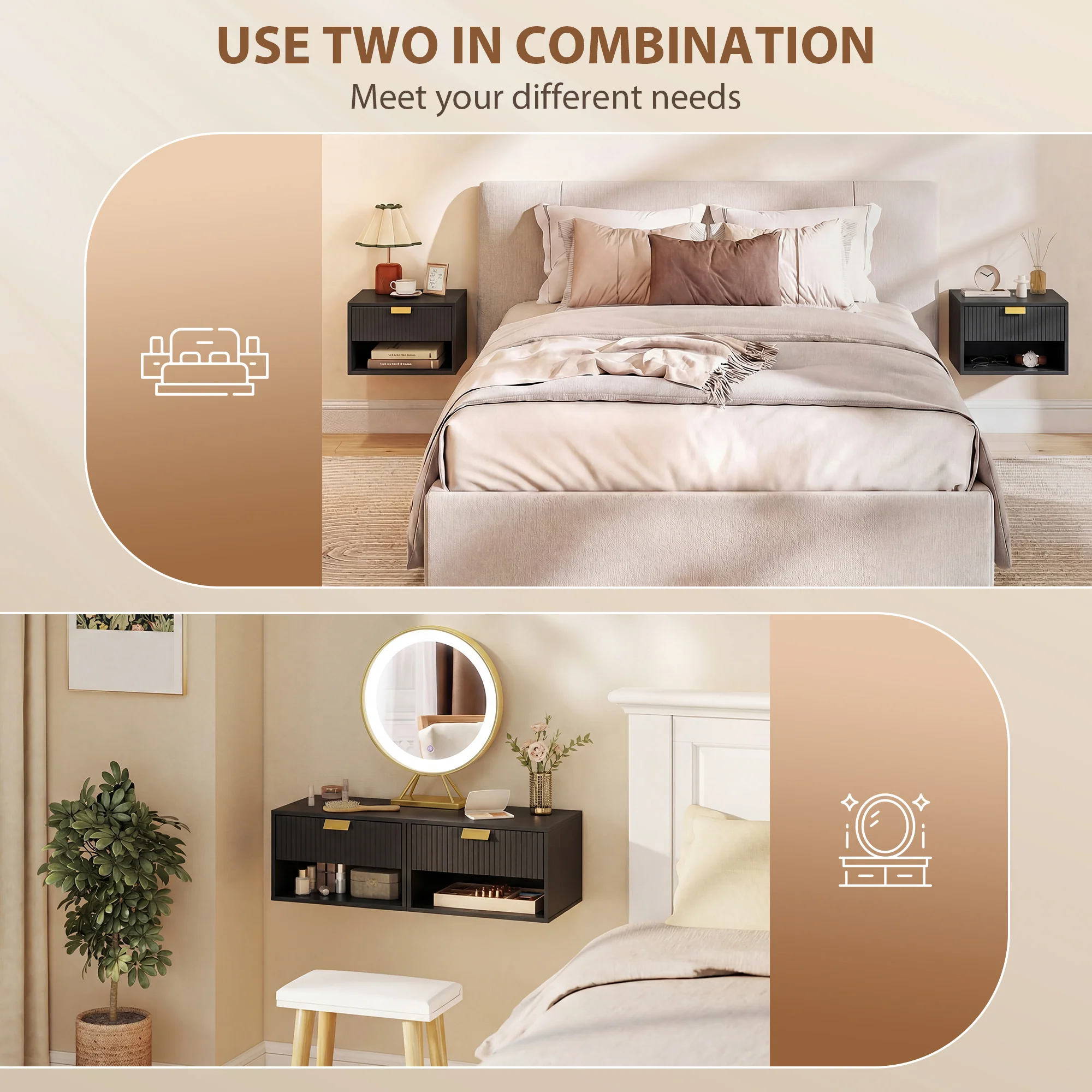 HOMCOM Floating Bedside Tables Set Of 2 With Fluted Drawer Open Shelf Black - Image 6