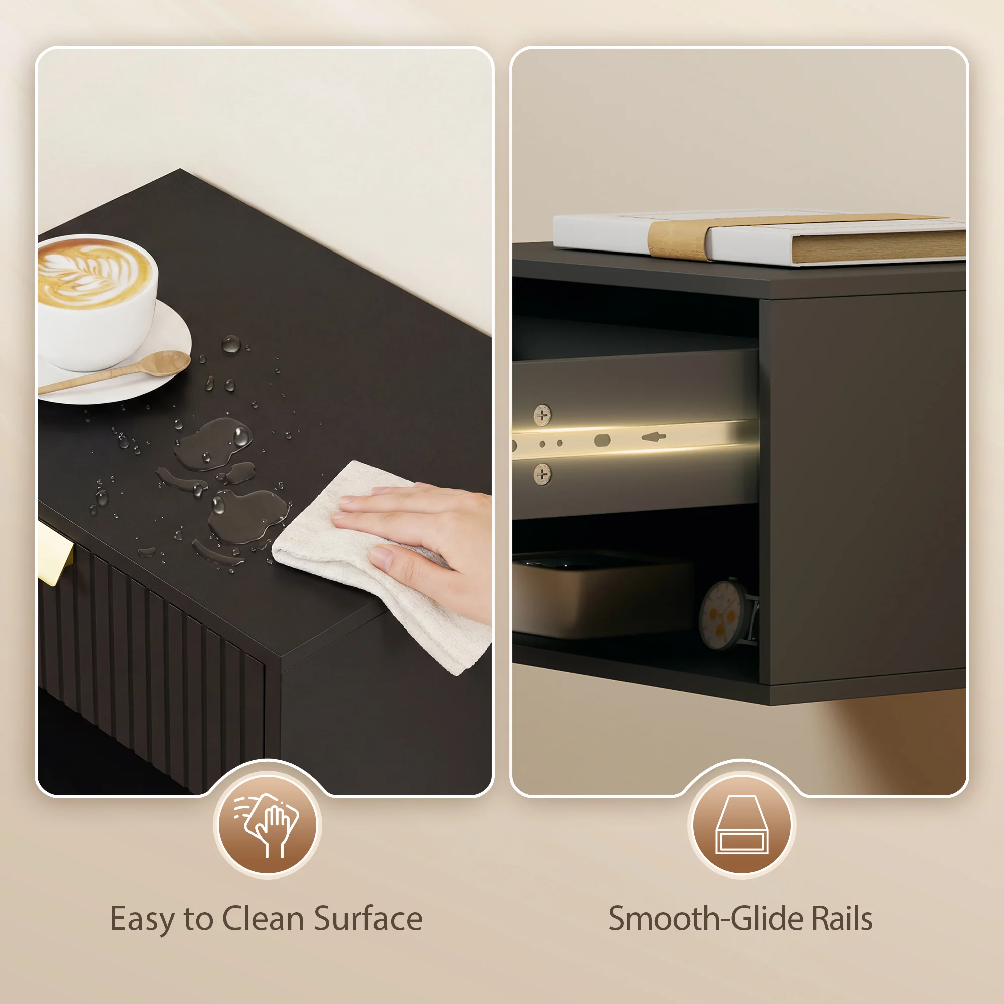 HOMCOM Floating Bedside Tables Set Of 2 With Fluted Drawer Open Shelf Black - Image 7