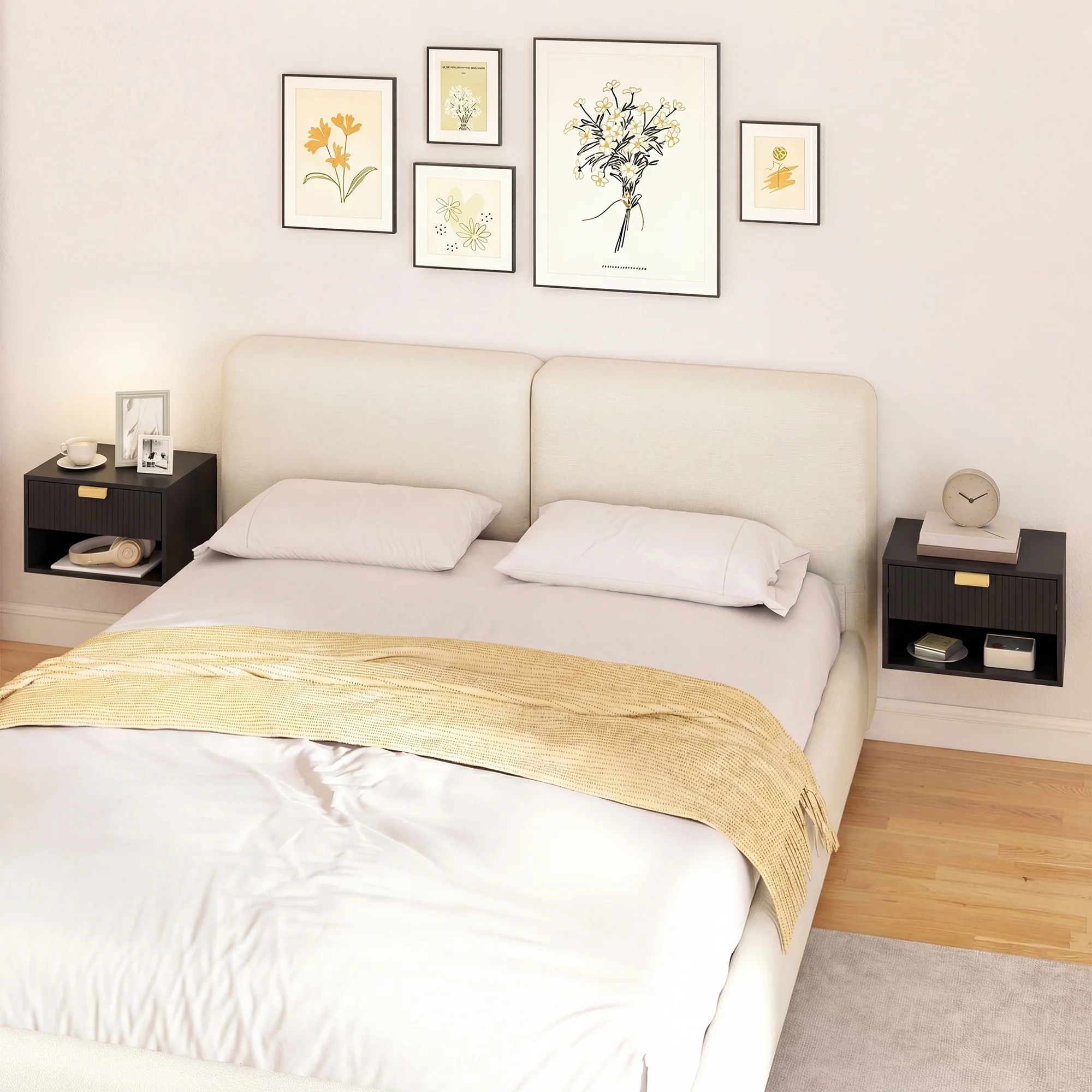 HOMCOM Floating Bedside Tables Set Of 2 With Fluted Drawer Open Shelf Black - Image 8