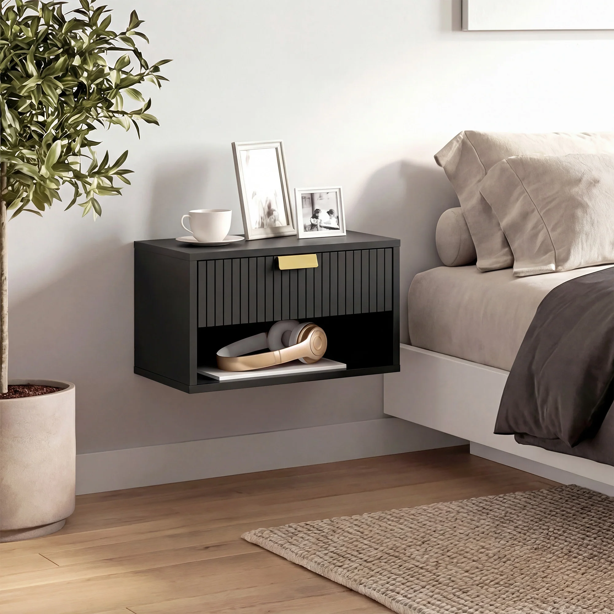 HOMCOM Floating Bedside Tables Set Of 2 With Fluted Drawer Open Shelf Black - Image 9