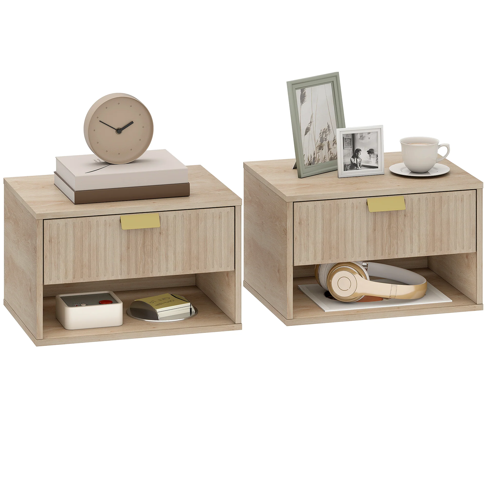 HOMCOM Floating Bedside Tables Set of 2 with Fluted Drawer Open Shelf Oak