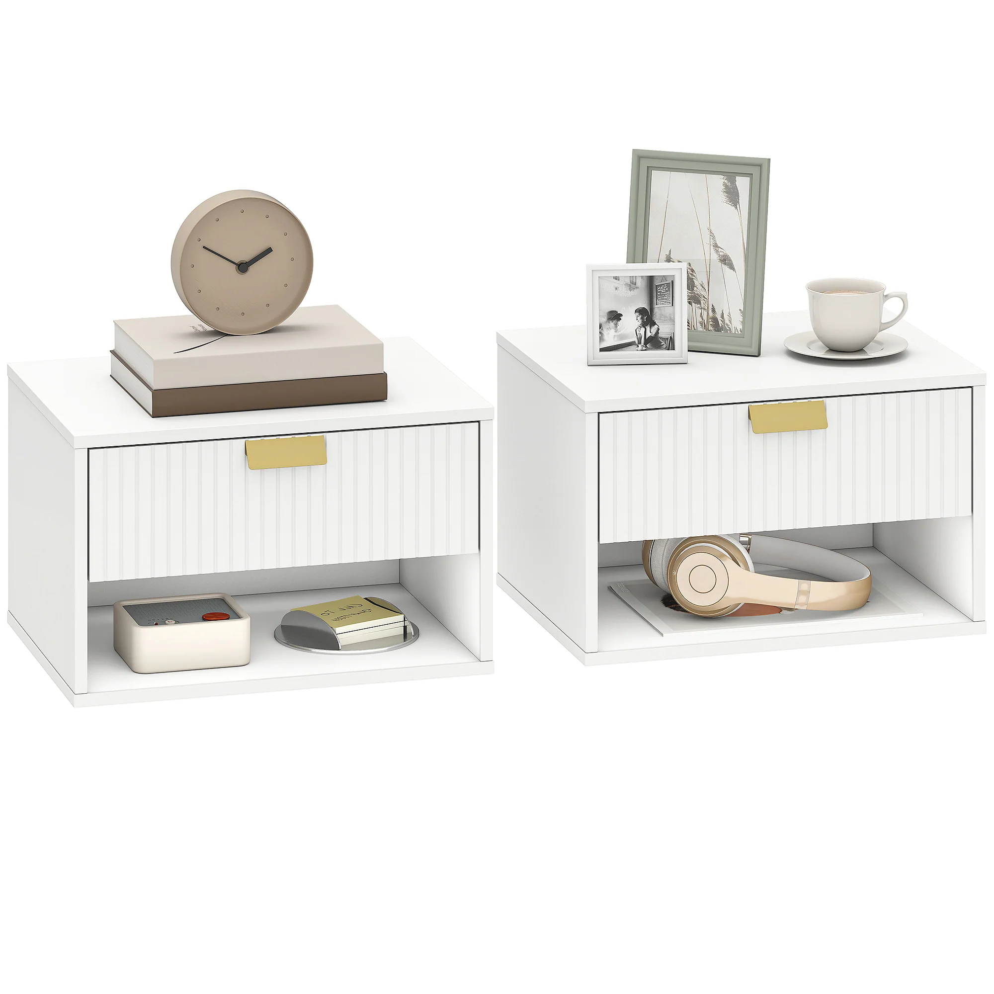 HOMCOM Floating Bedside Tables Set Of 2 With Fluted Drawer Open Shelf White