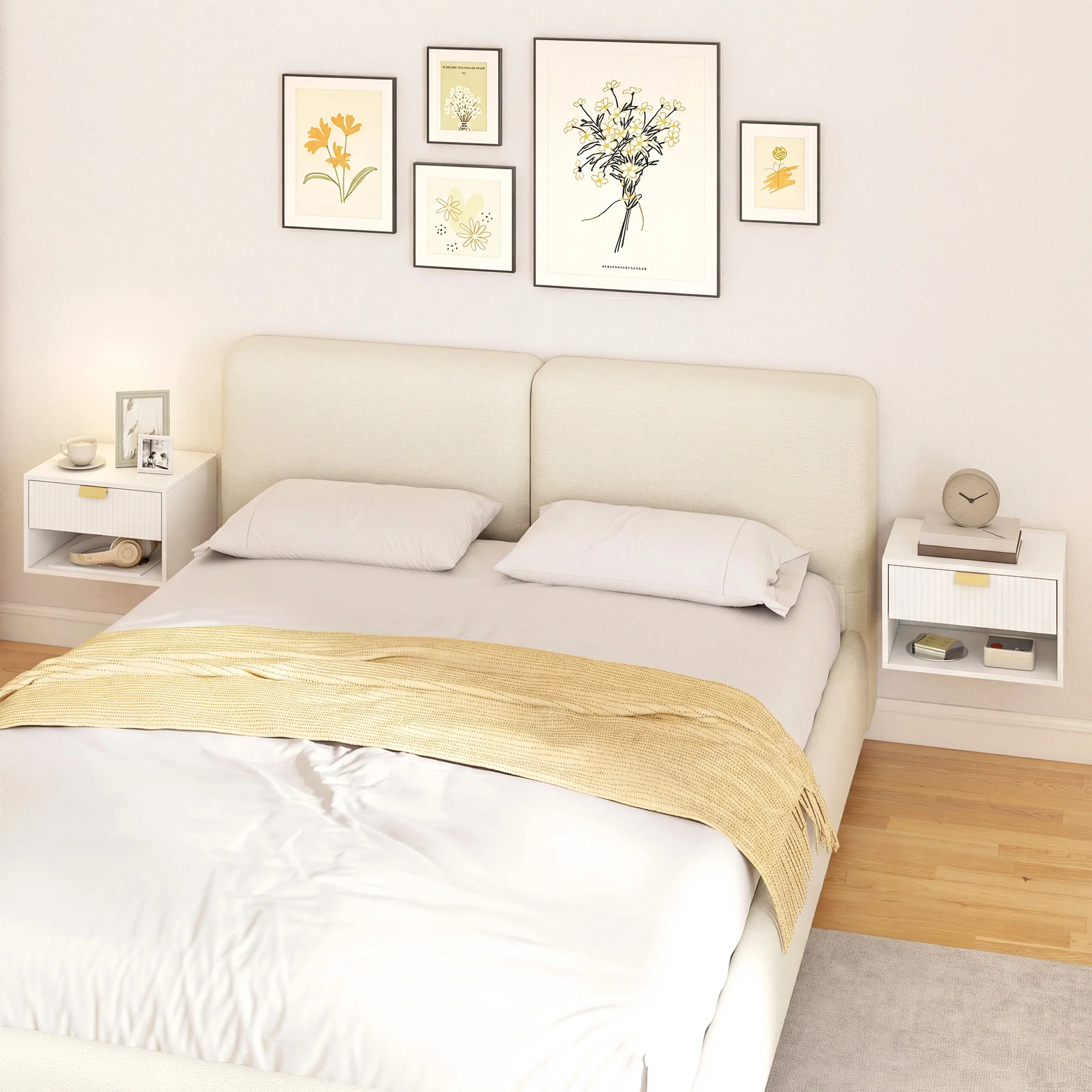 HOMCOM Floating Bedside Tables Set Of 2 With Fluted Drawer Open Shelf White - Image 8