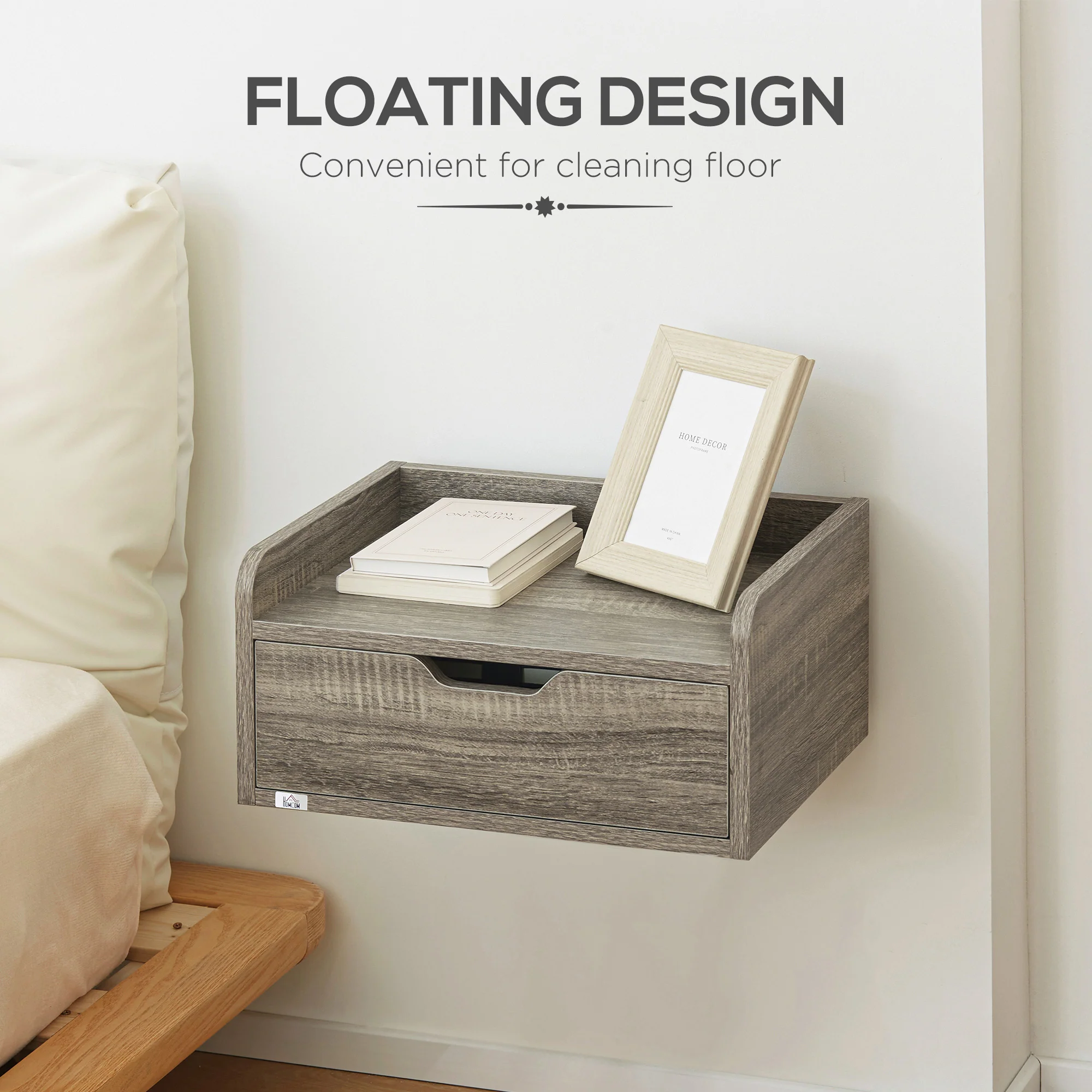 HOMCOM Floating Nightstand Set Of 2, Nightstand With Drawer, Grey - Image 4