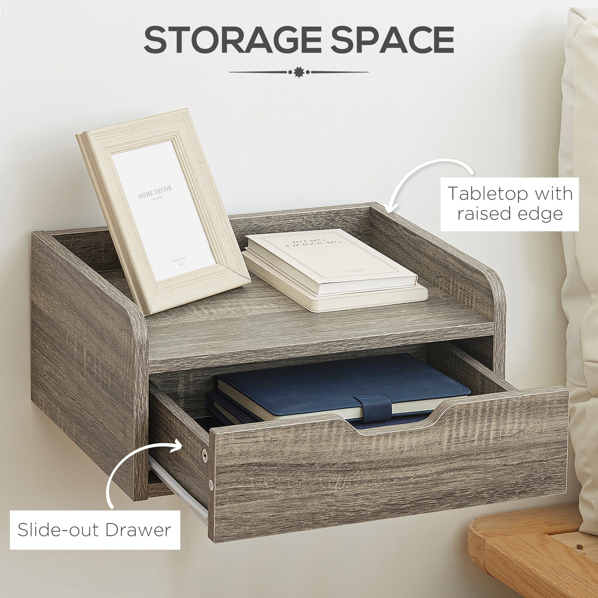 HOMCOM Floating Nightstand Set Of 2, Nightstand With Drawer, Grey - Image 6