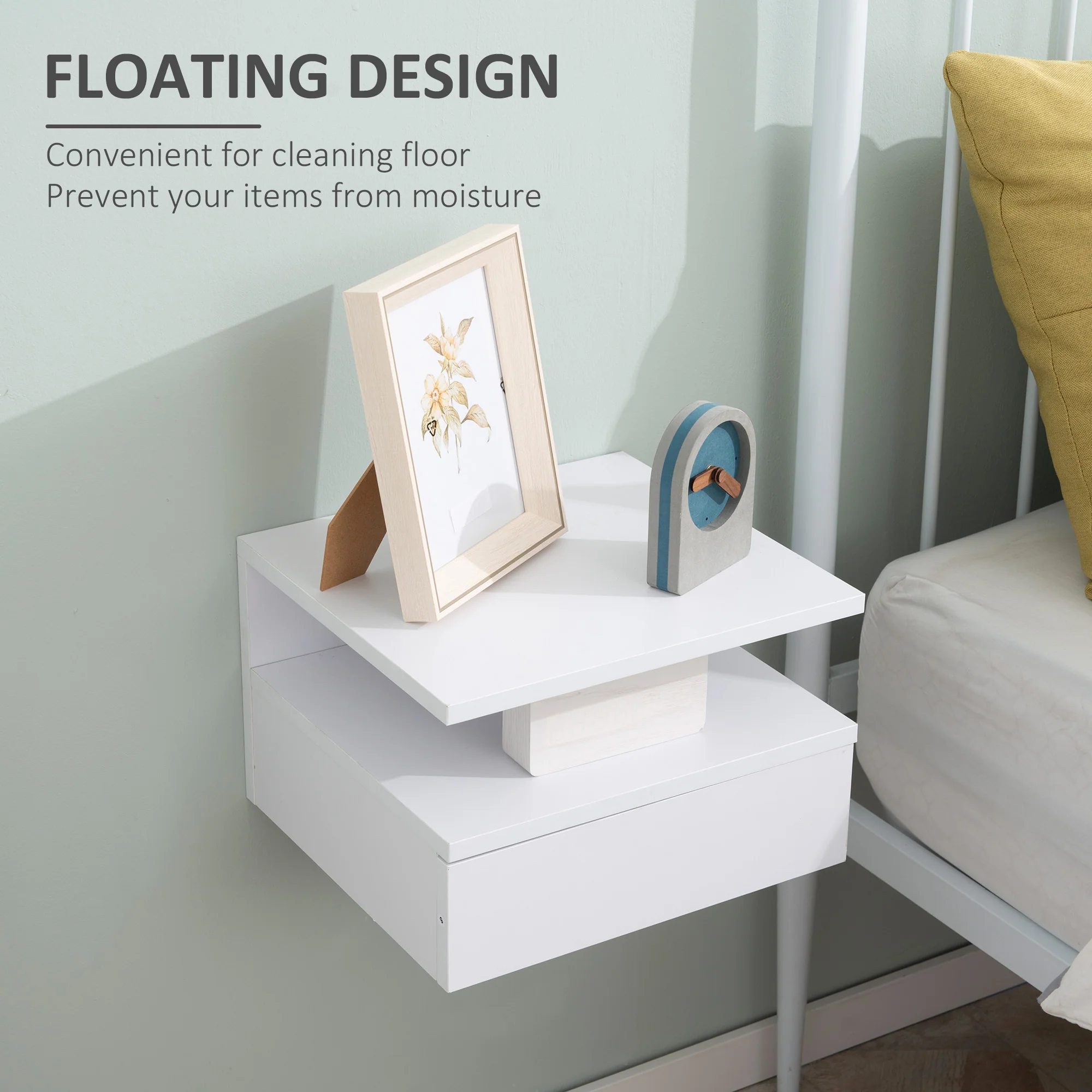 HOMCOM Floating Nightstand Set of 2, Wall Mounted Bedside Cabinet with Drawer - Image 3
