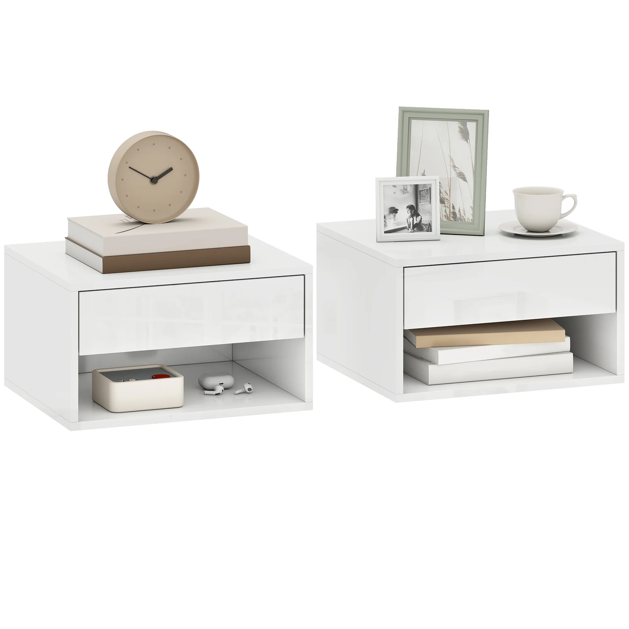 HOMCOM Floating Nightstands Set of 2, Bedside Table w/ Drawer and Open Shelf