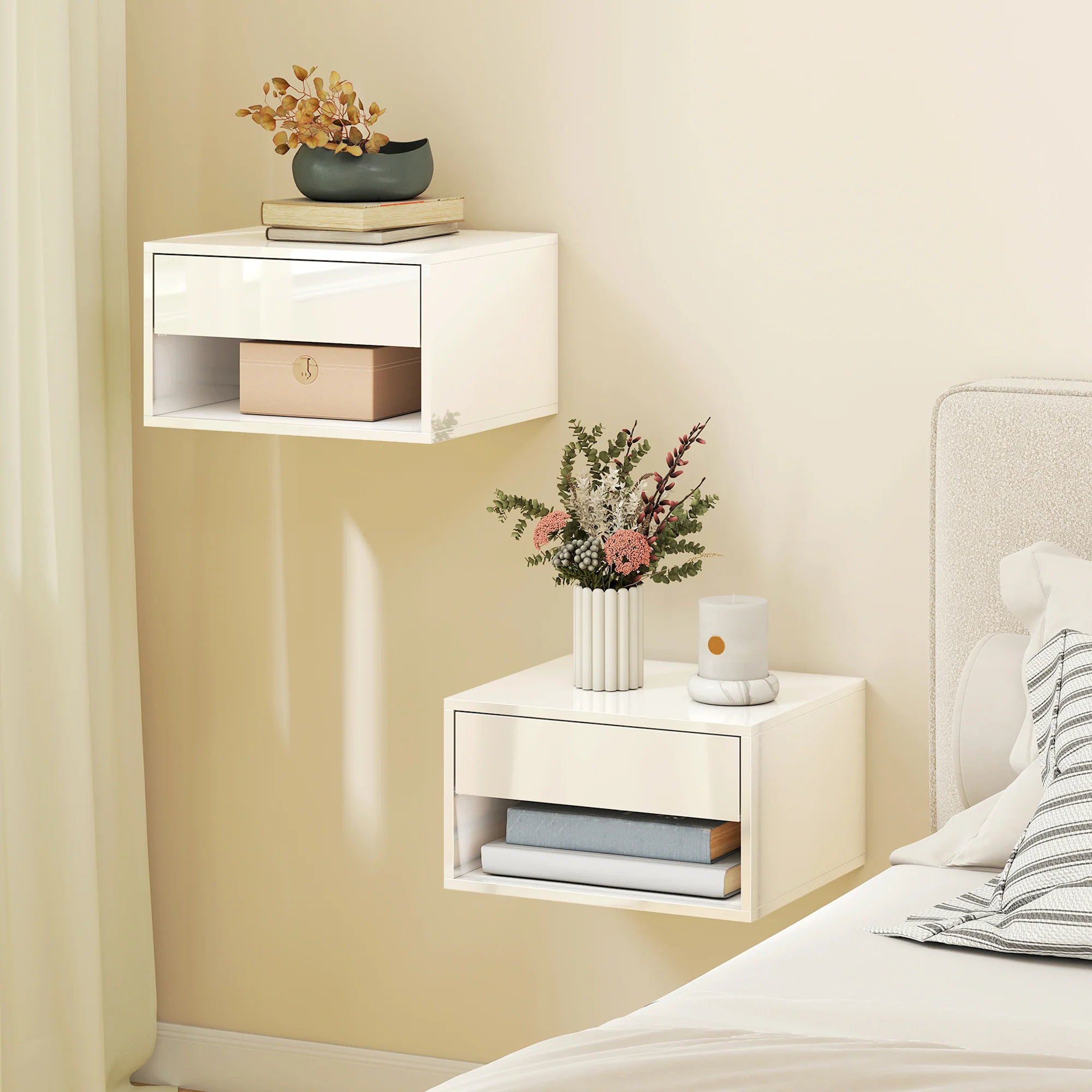 HOMCOM Floating Nightstands Set of 2, Bedside Table w/ Drawer and Open Shelf - Image 2