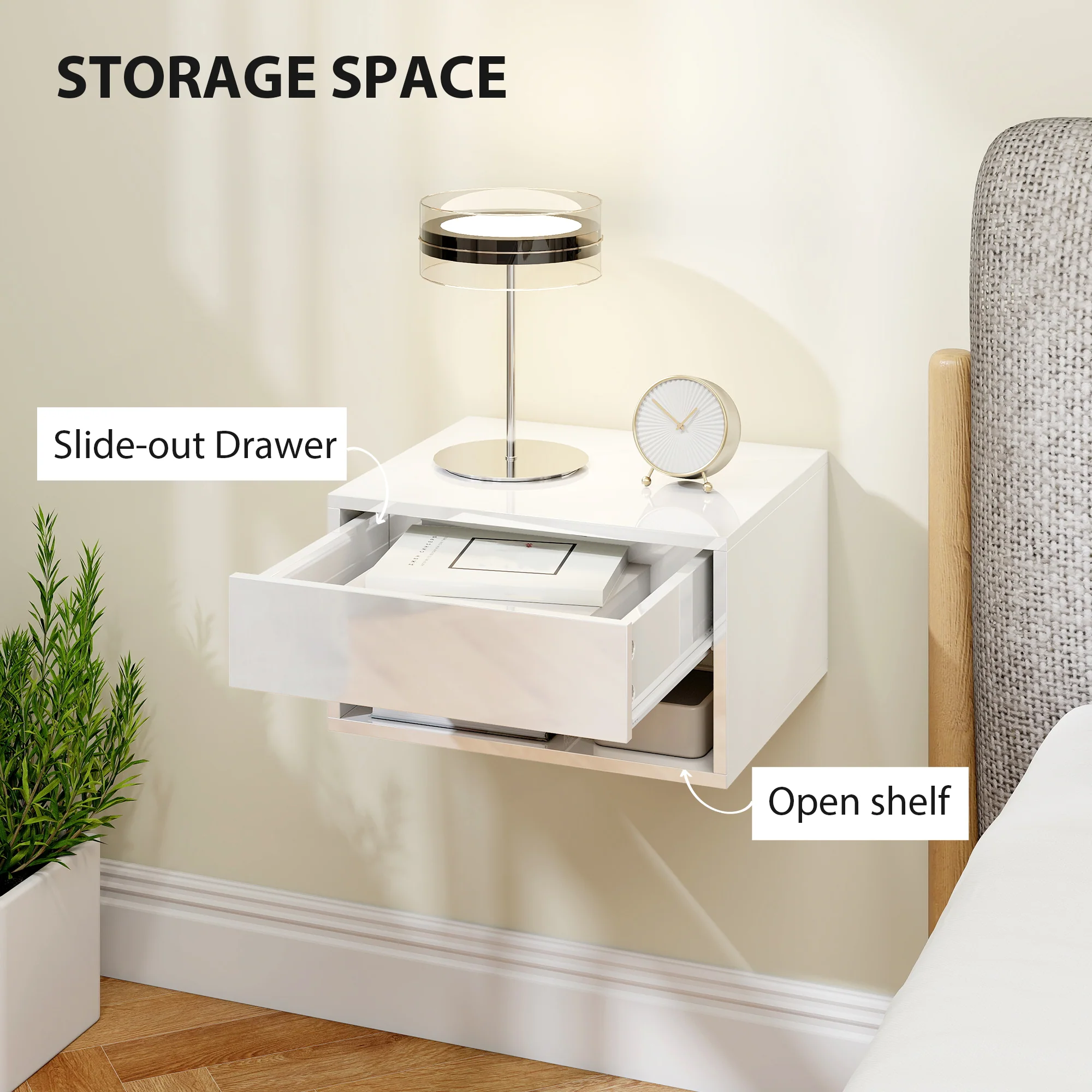 HOMCOM Floating Nightstands Set of 2, Bedside Table w/ Drawer and Open Shelf - Image 6
