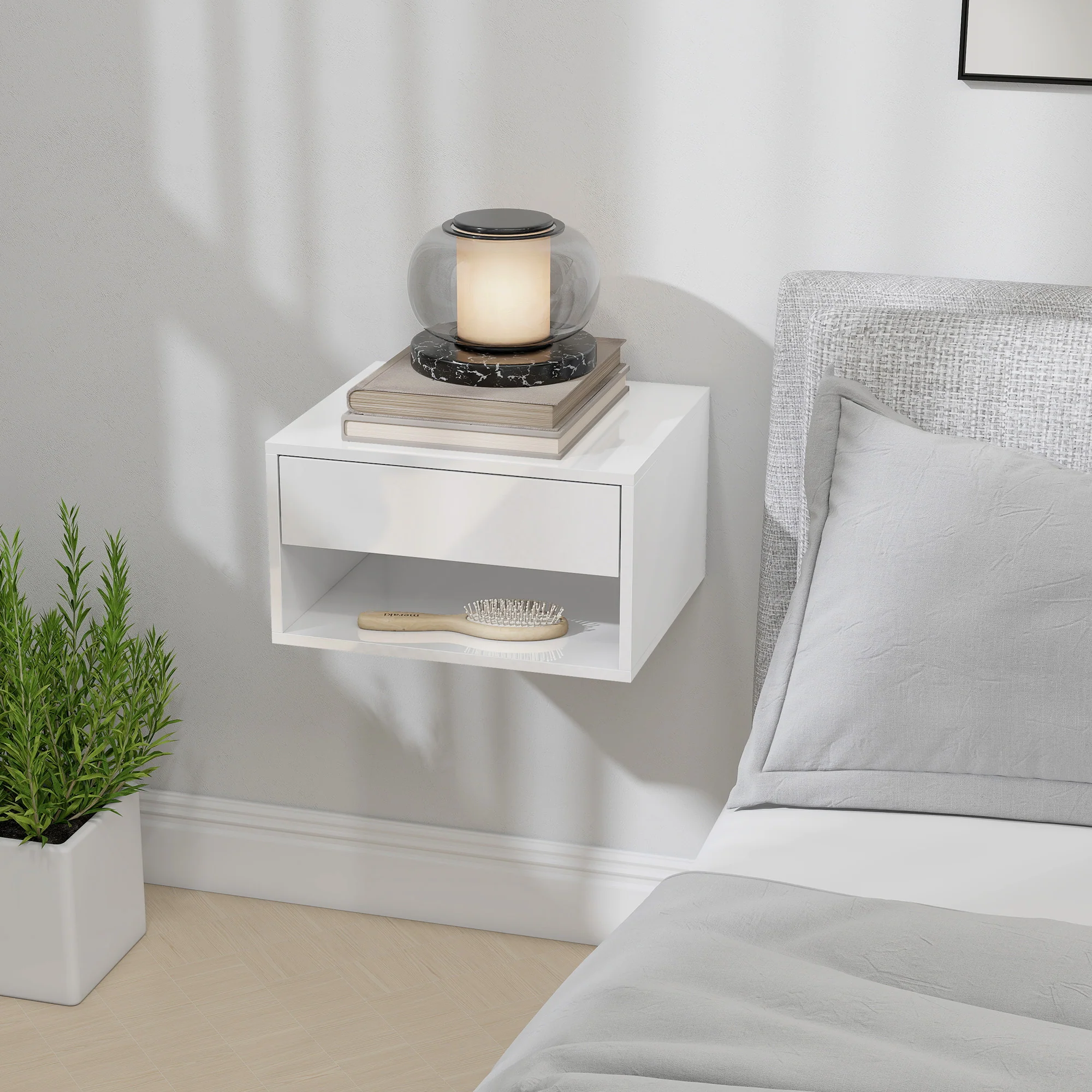 HOMCOM Floating Nightstands Set of 2, Bedside Table w/ Drawer and Open Shelf - Image 8