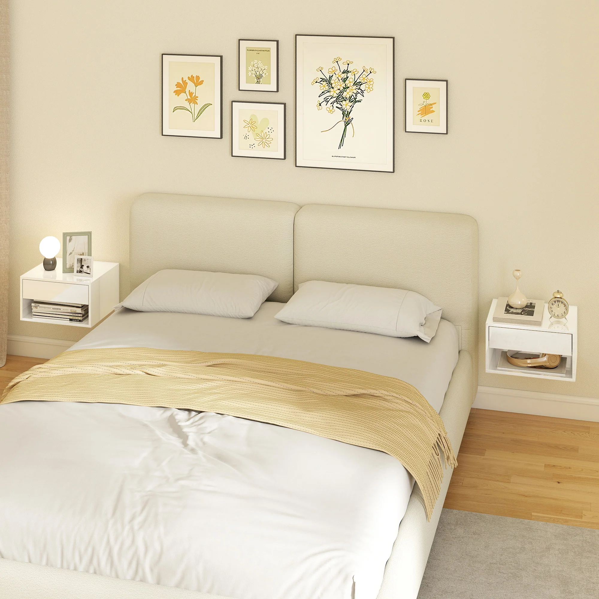 HOMCOM Floating Nightstands Set of 2, Bedside Table w/ Drawer and Open Shelf - Image 9