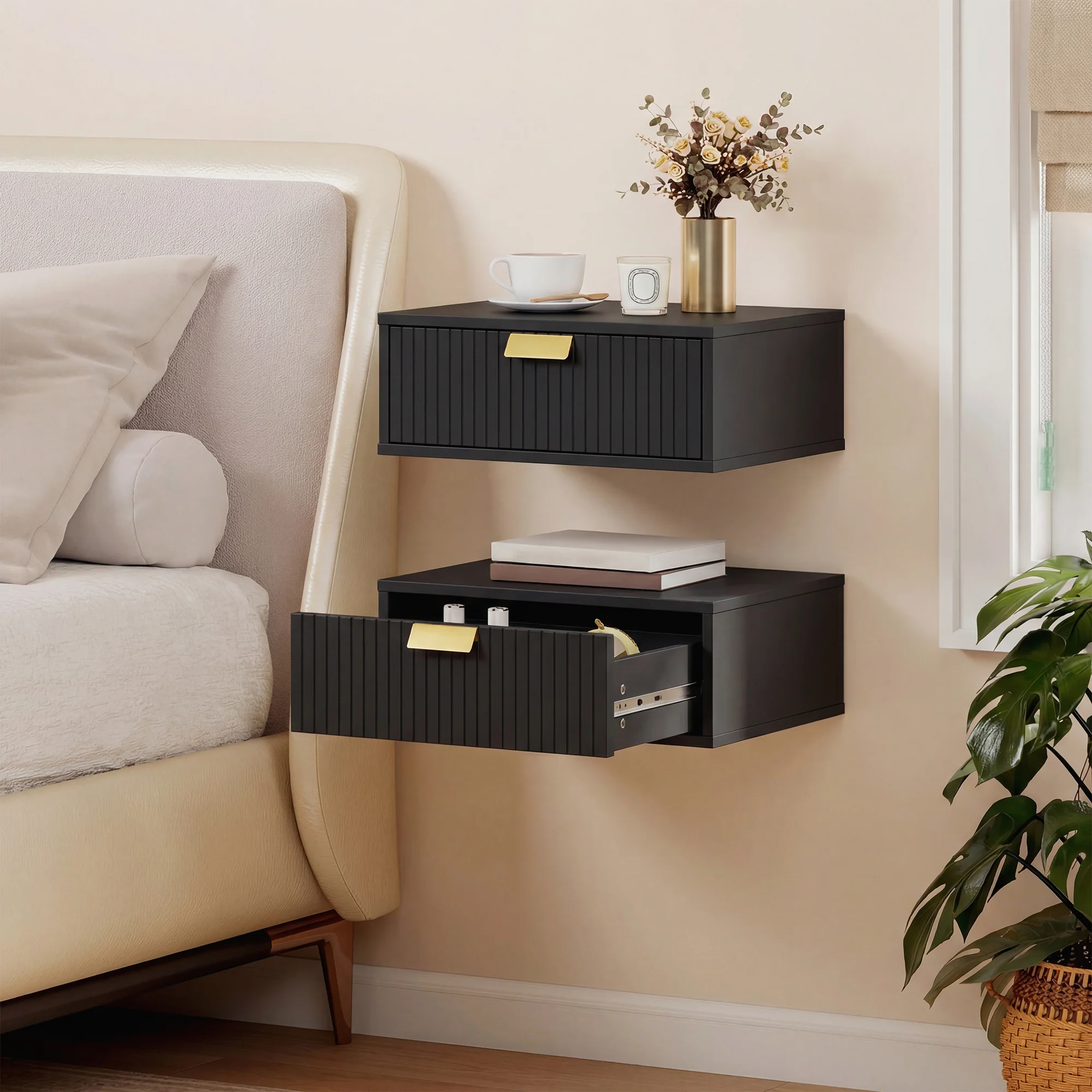 HOMCOM Floating Nightstands Set Of 2 Bedside Tables W/ Wave Drawer Black - Image 2