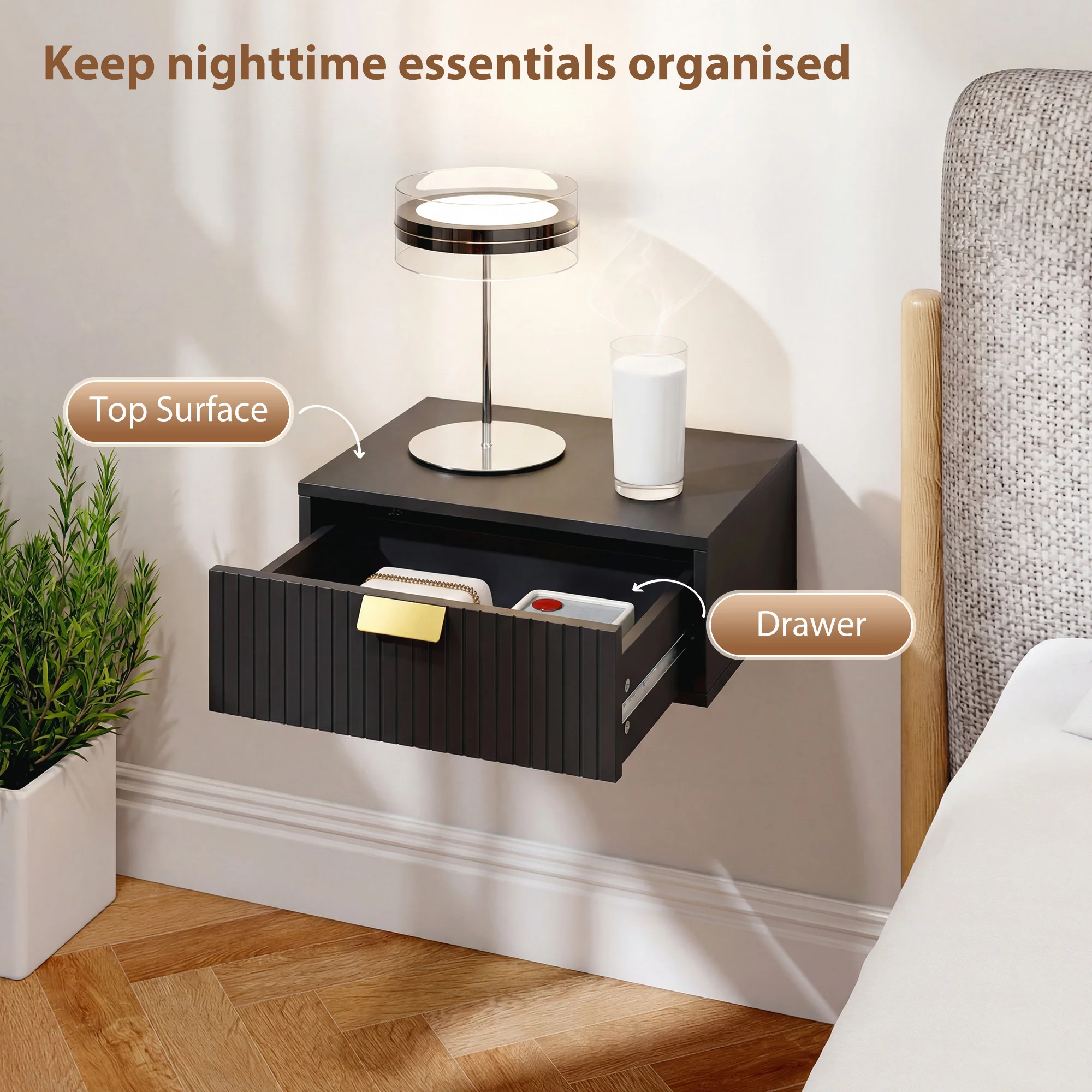 HOMCOM Floating Nightstands Set Of 2 Bedside Tables W/ Wave Drawer Black - Image 4