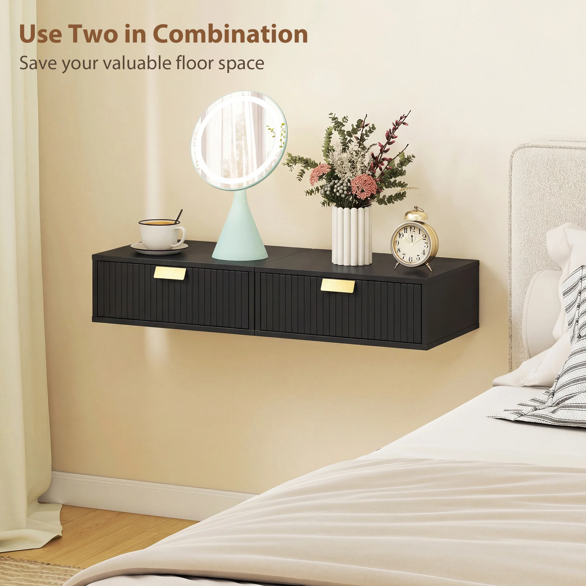 HOMCOM Floating Nightstands Set Of 2 Bedside Tables W/ Wave Drawer Black - Image 6