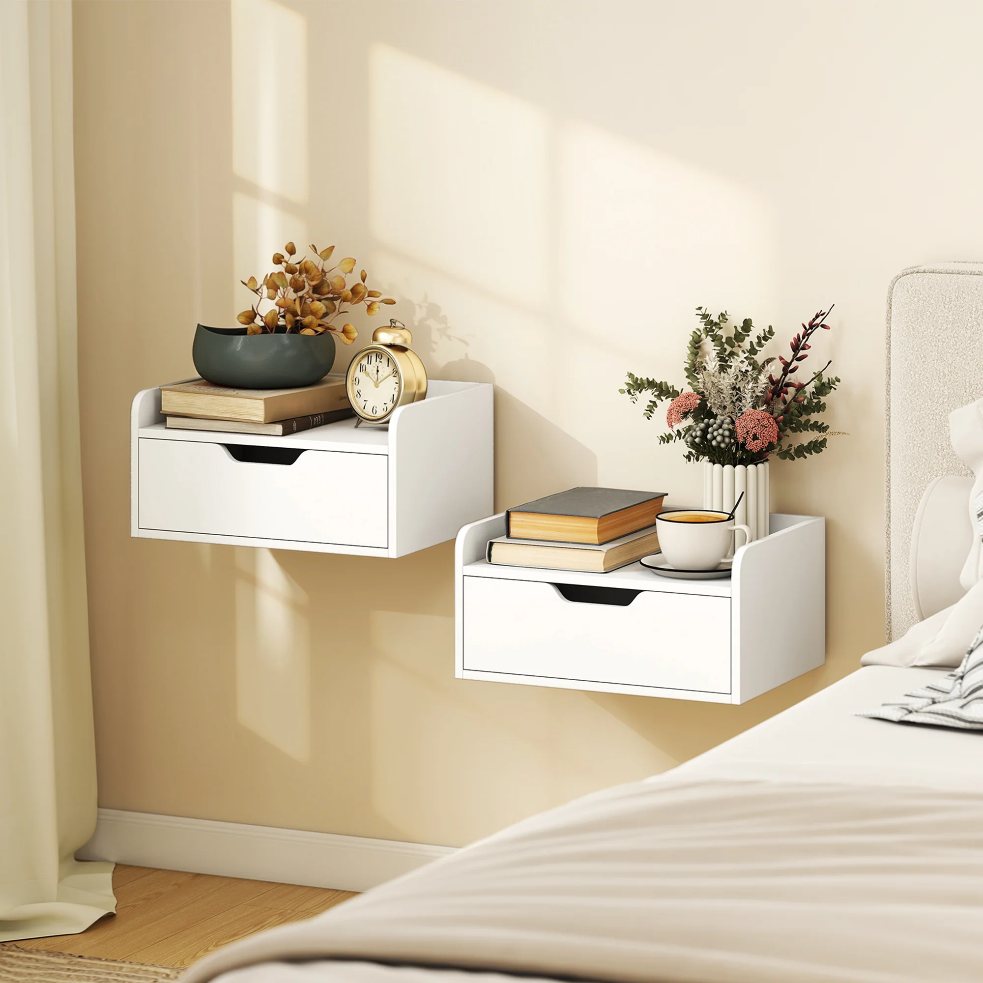HOMCOM Floating Nightstands Set of 2, Nightstand with Drawer, White - Image 2