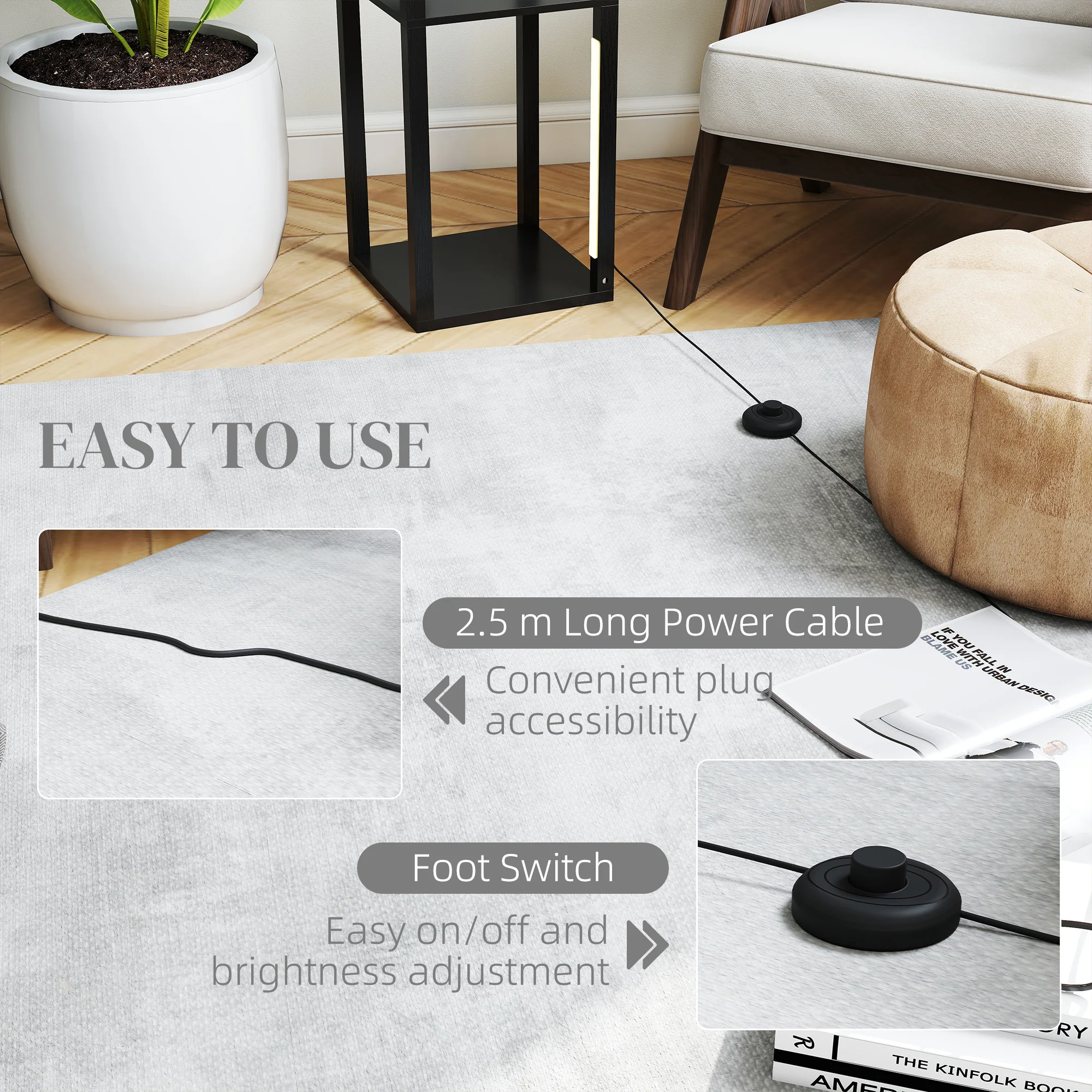 HOMCOM Floor Lamp for Living Room, Standing Lamp with Foot Switch, Black - Image 7