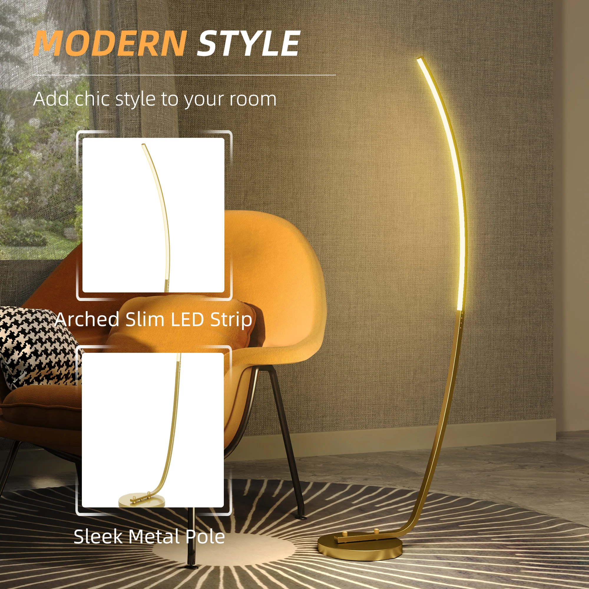 HOMCOM Floor Lamp with LED Strip, Standing Lamp for Living Room, Gold Tone - Image 3