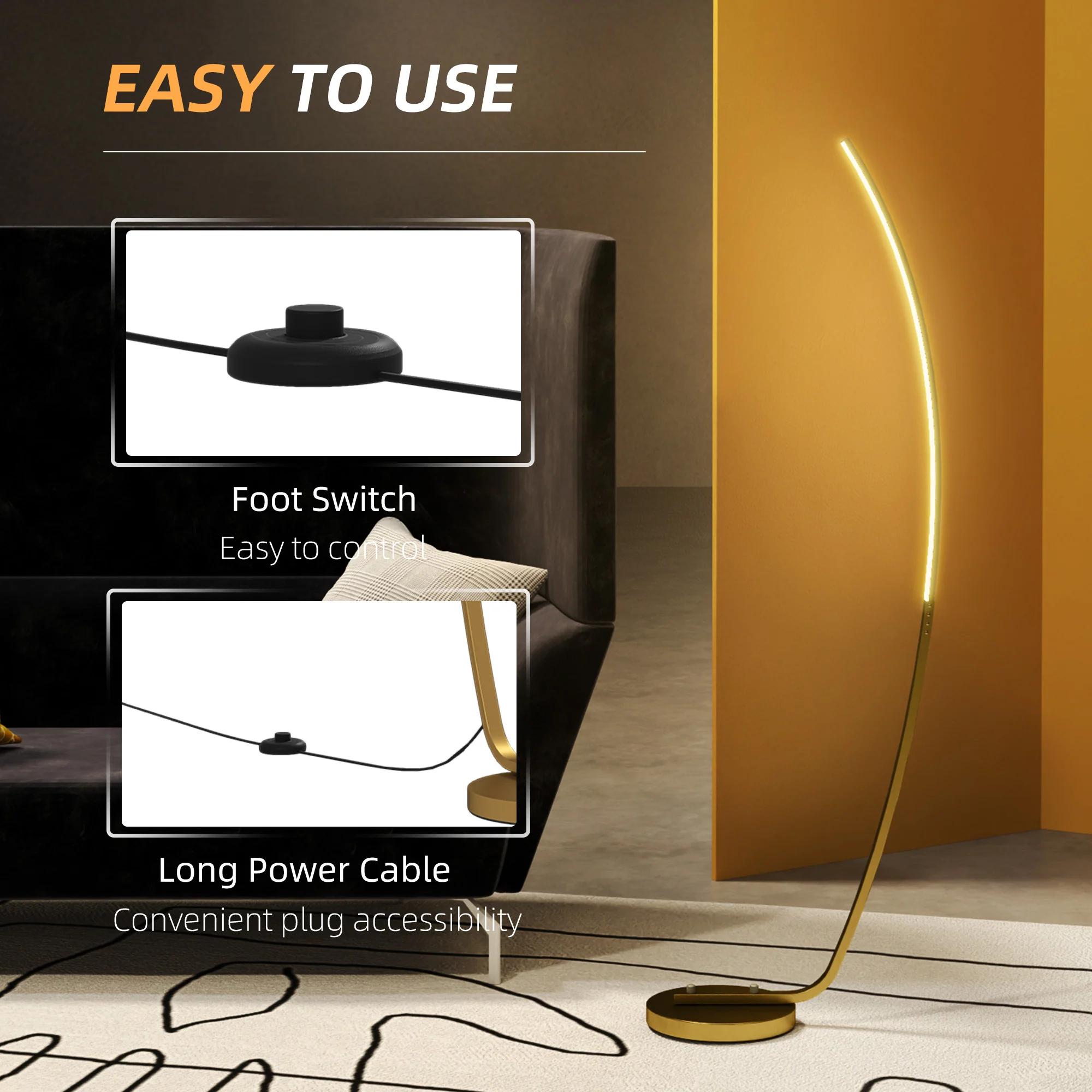HOMCOM Floor Lamp with LED Strip, Standing Lamp for Living Room, Gold Tone - Image 7