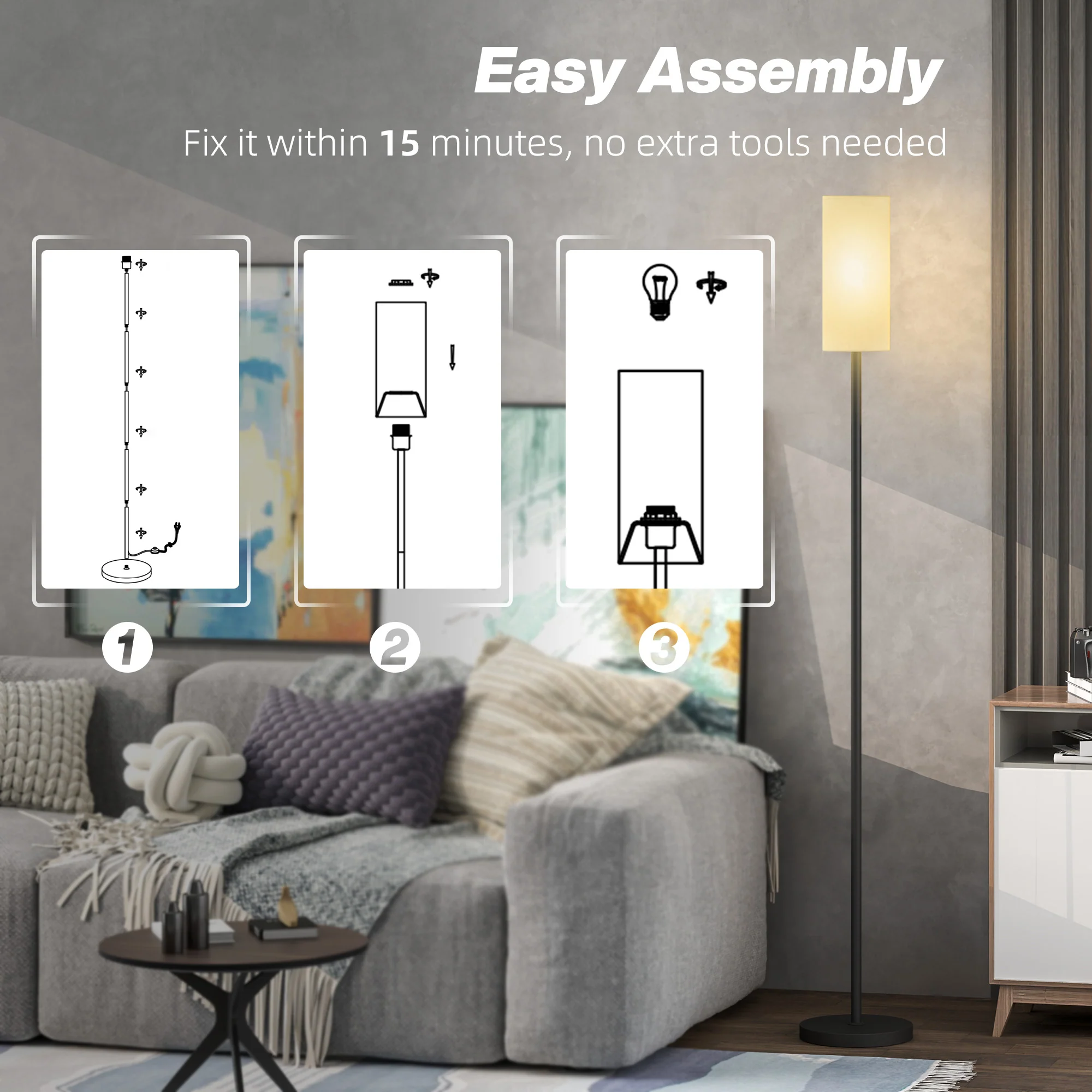 HOMCOM Floor Lamp With Linen Shade & Foot Switch For Living Room, White - Image 6