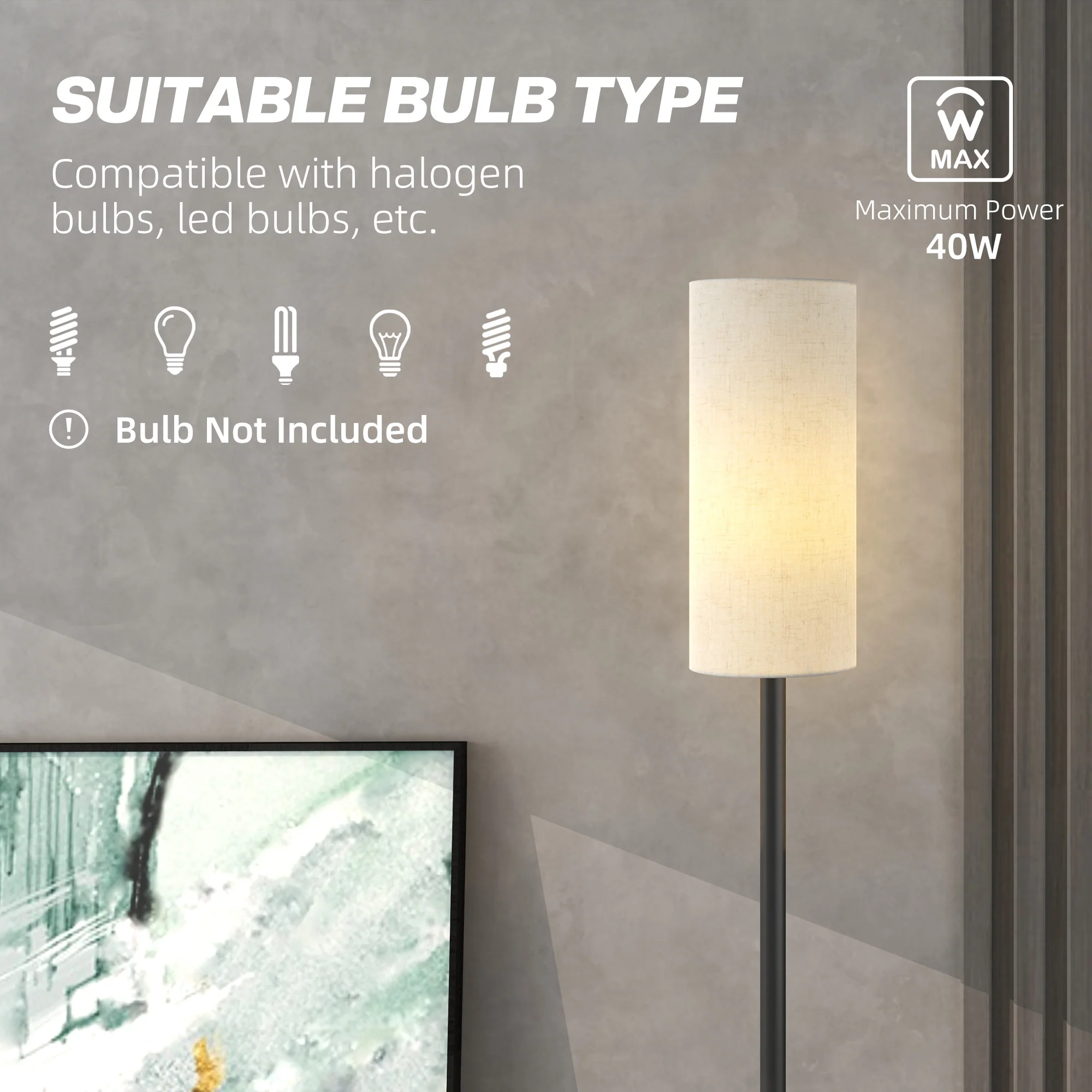 HOMCOM Floor Lamp With Linen Shade & Foot Switch For Living Room, White - Image 7
